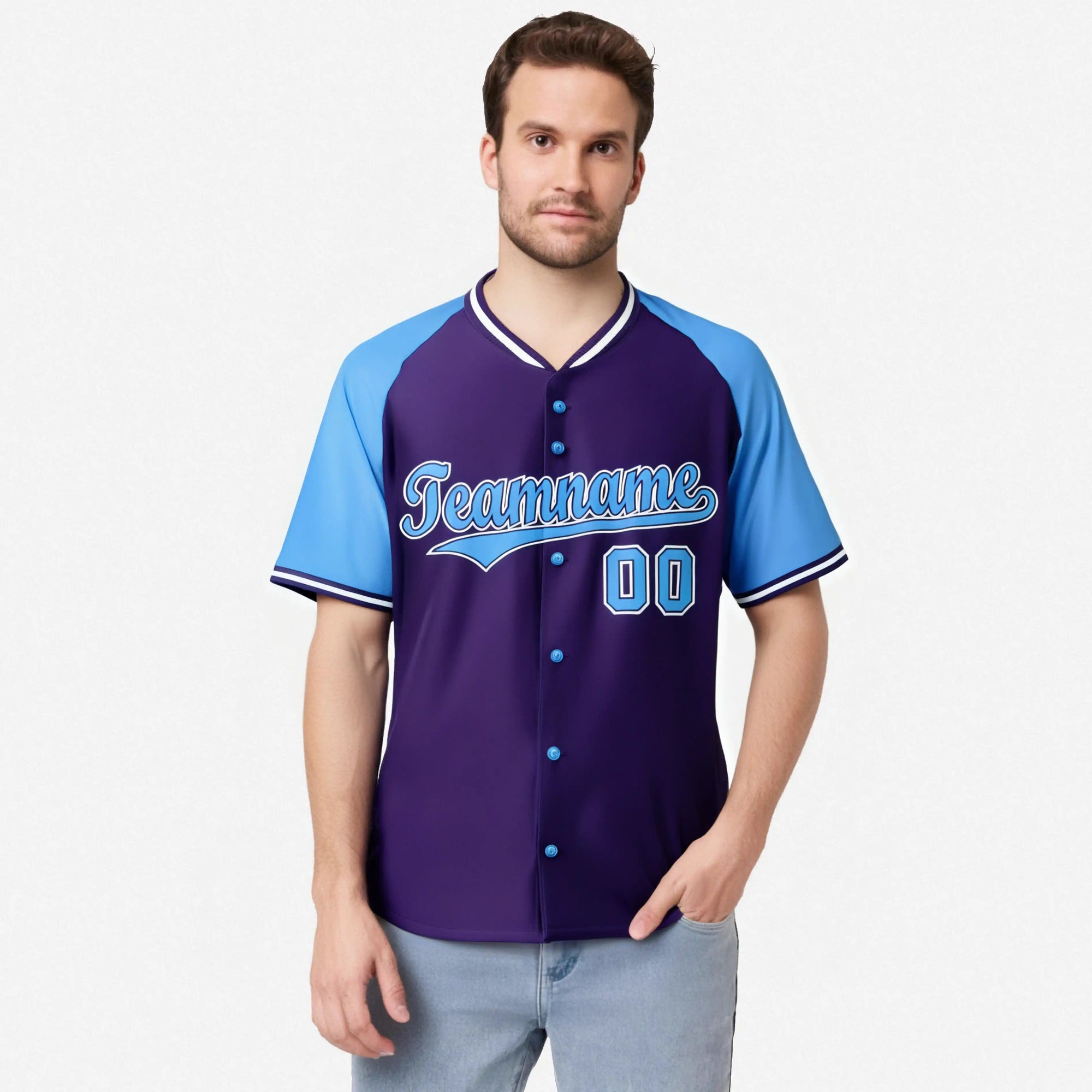 Custom Purple Blue White Authentic Colored Buttons Baseball Jersey