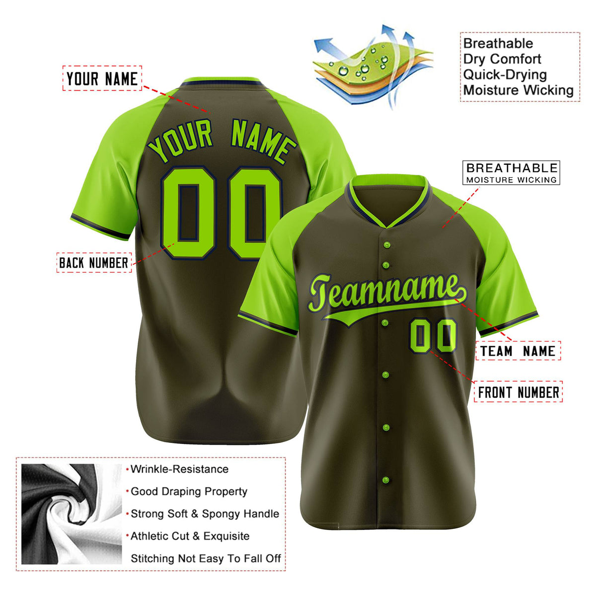 Custom Olive Neon Green Black Authentic Colored Buttons Baseball Jersey