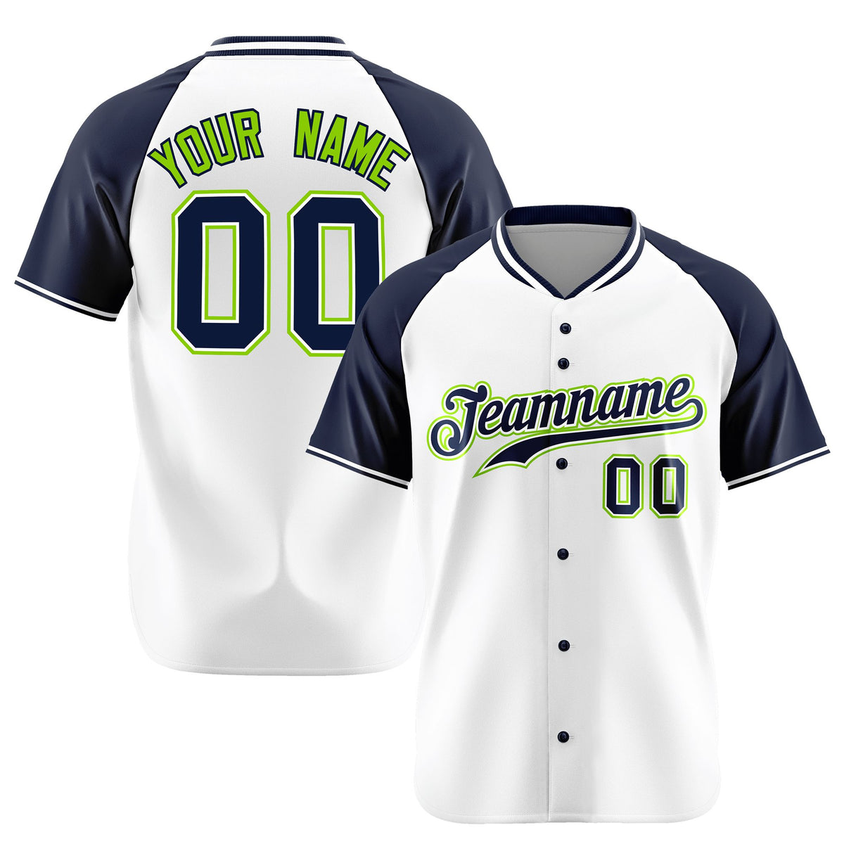 Custom White Navy Neon Green Authentic Colored Buttons Baseball Jersey