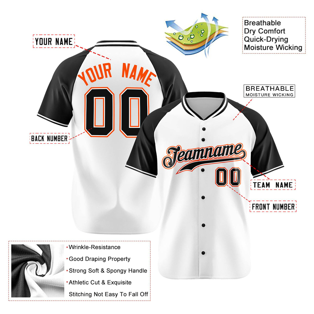 Custom White Black Orange Authentic Colored Buttons Baseball Jersey