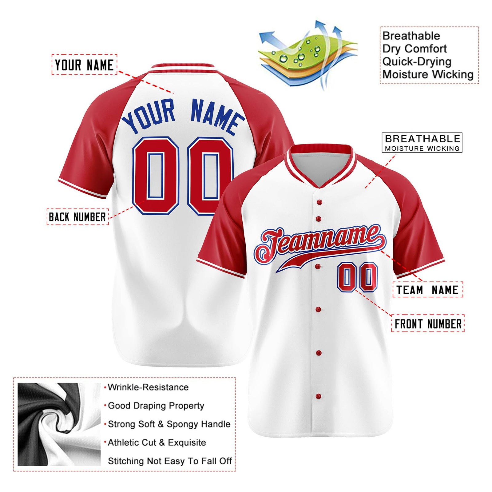 Custom White Red Blue Authentic Colored Buttons Baseball Jersey