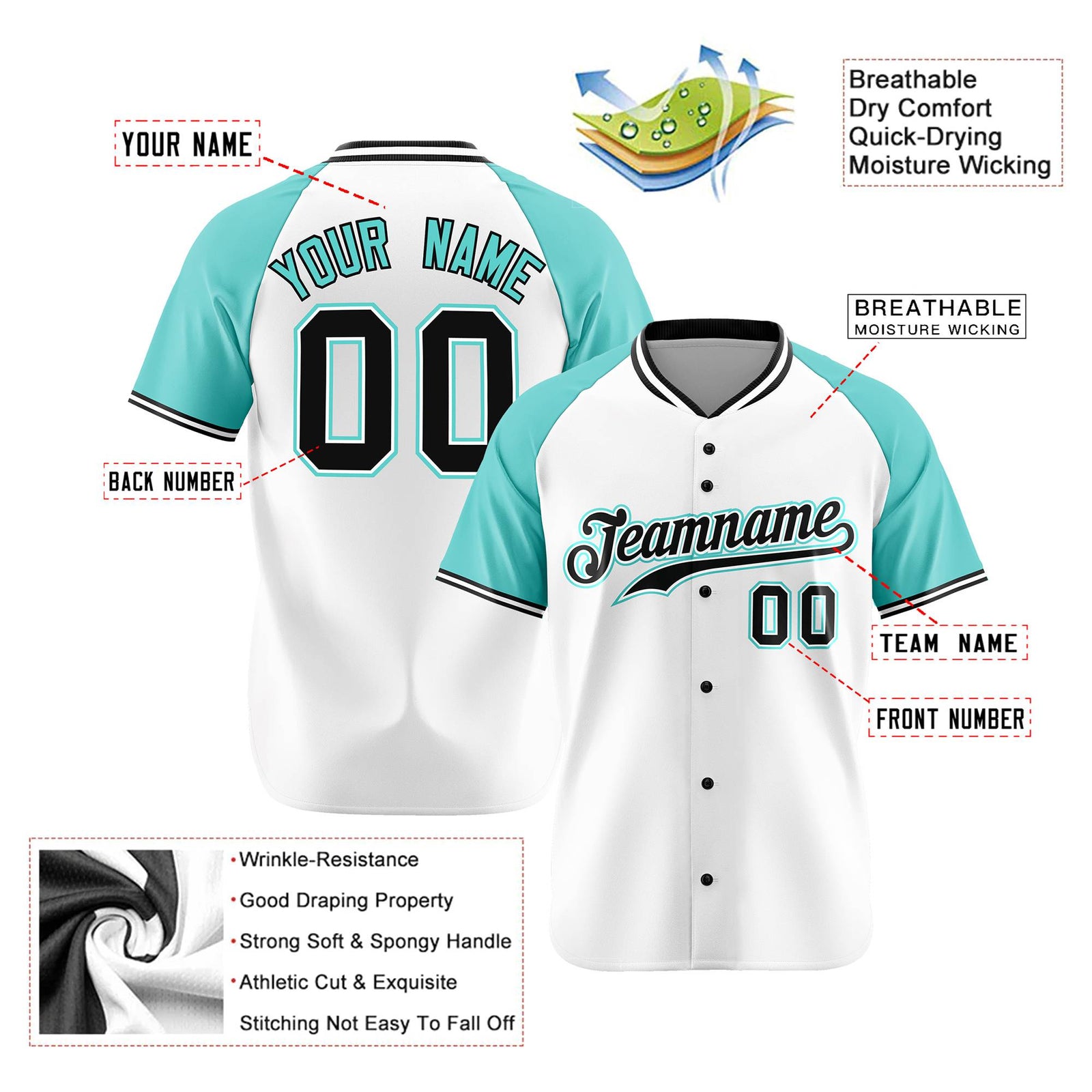 Custom White Black Light Blue Authentic Colored Buttons Baseball Jersey