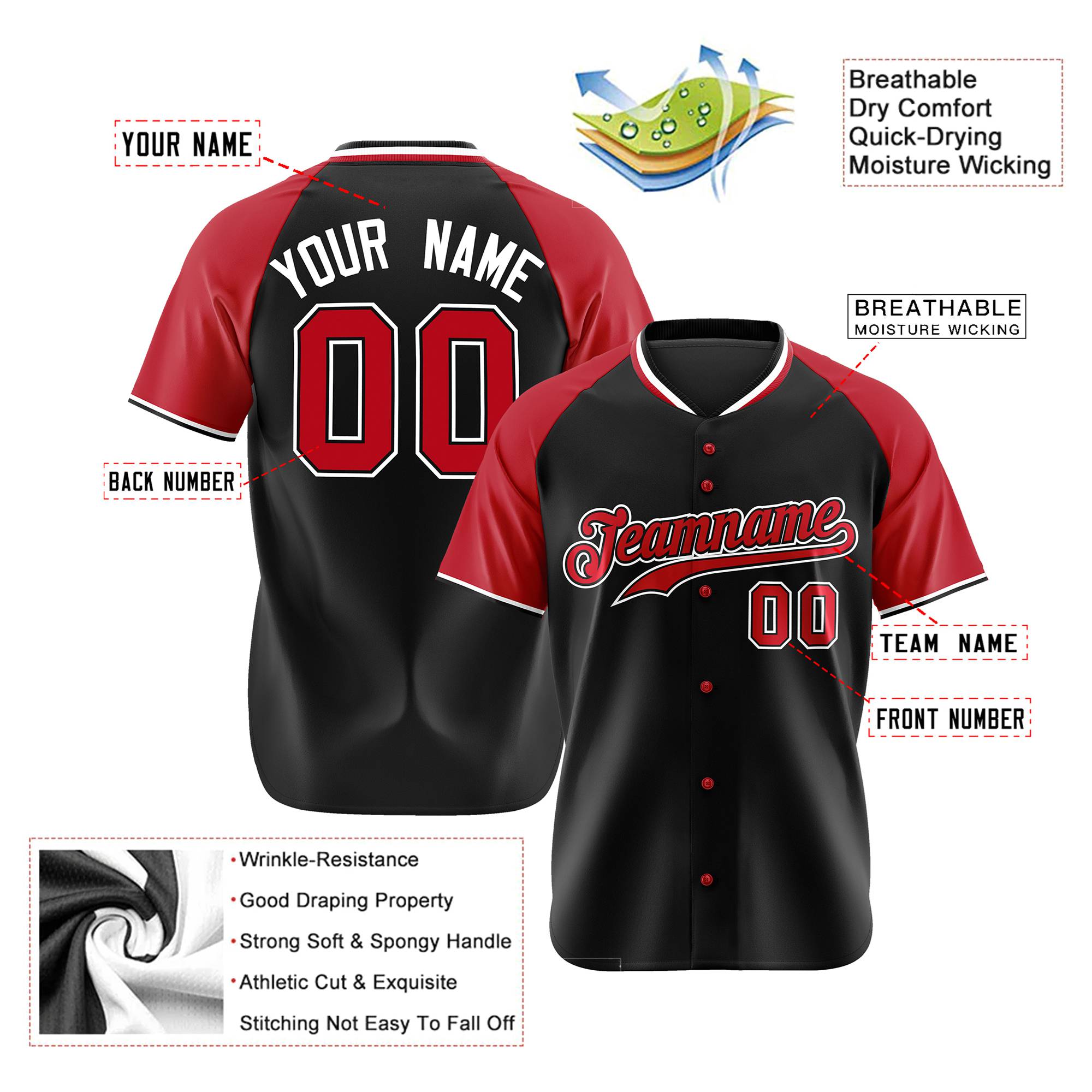 Custom Black Red White Authentic Colored Buttons Baseball Jersey