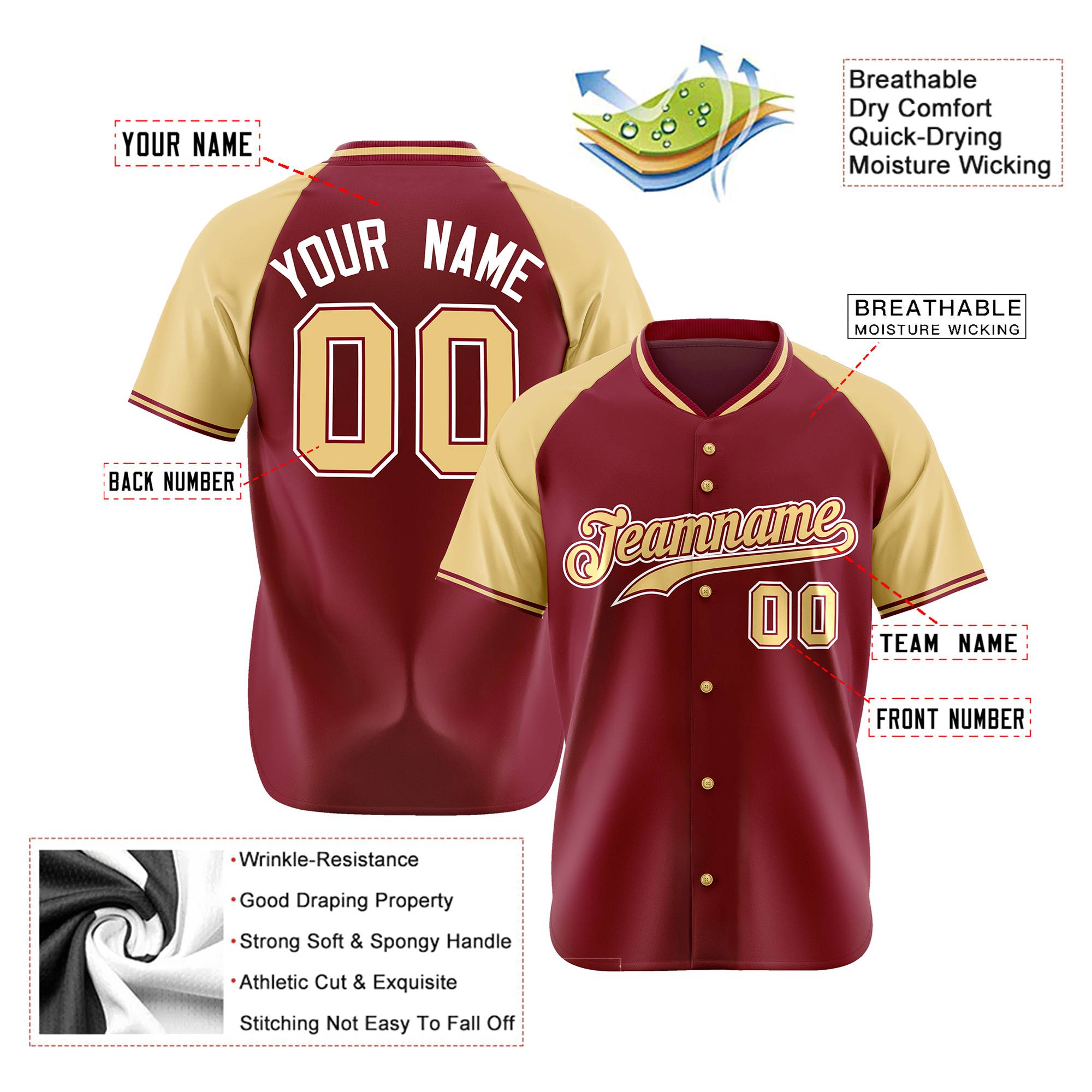 Custom Crimson Old Gold White Authentic Colored Buttons Baseball Jersey