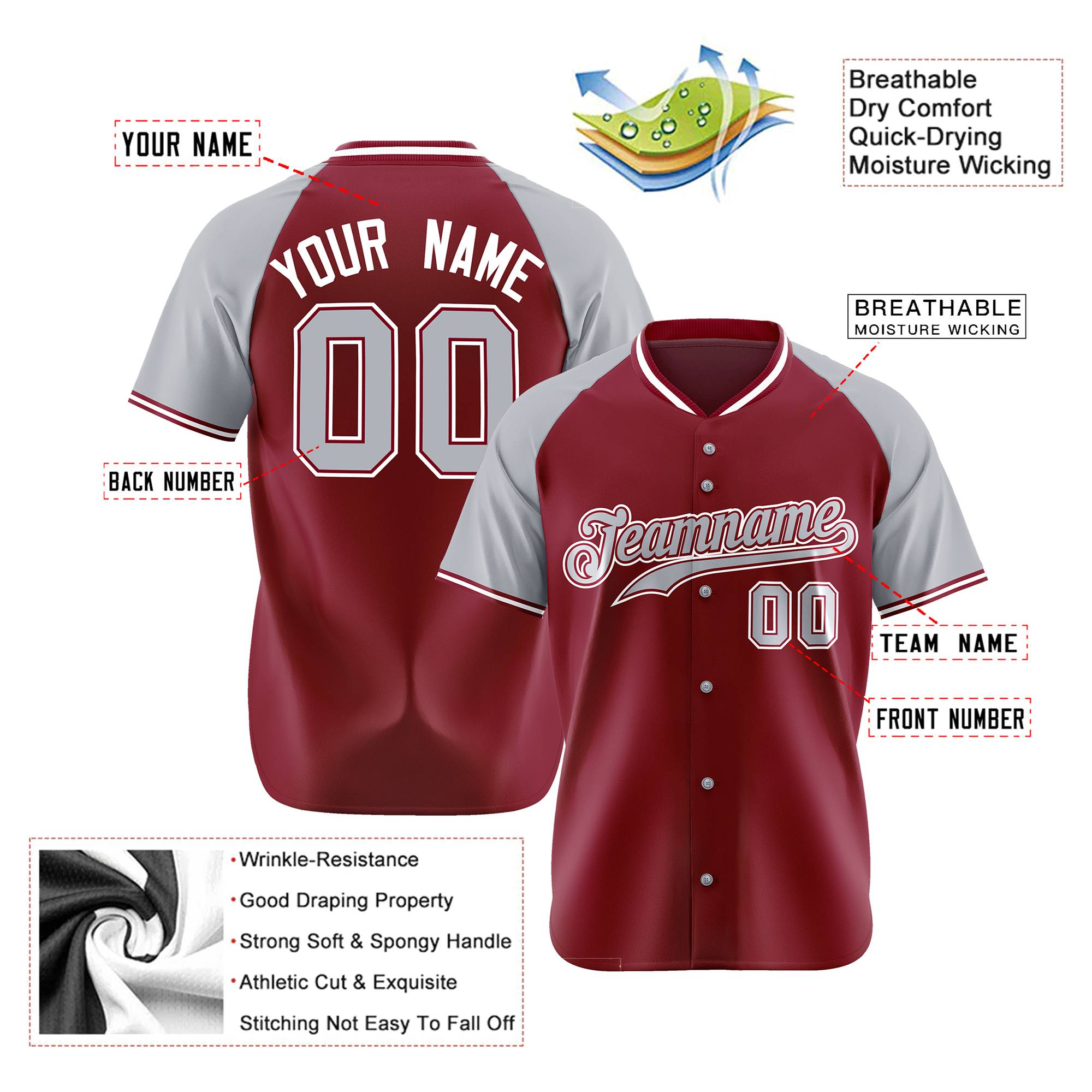 Custom Crimson Gray White Authentic Colored Buttons Baseball Jersey