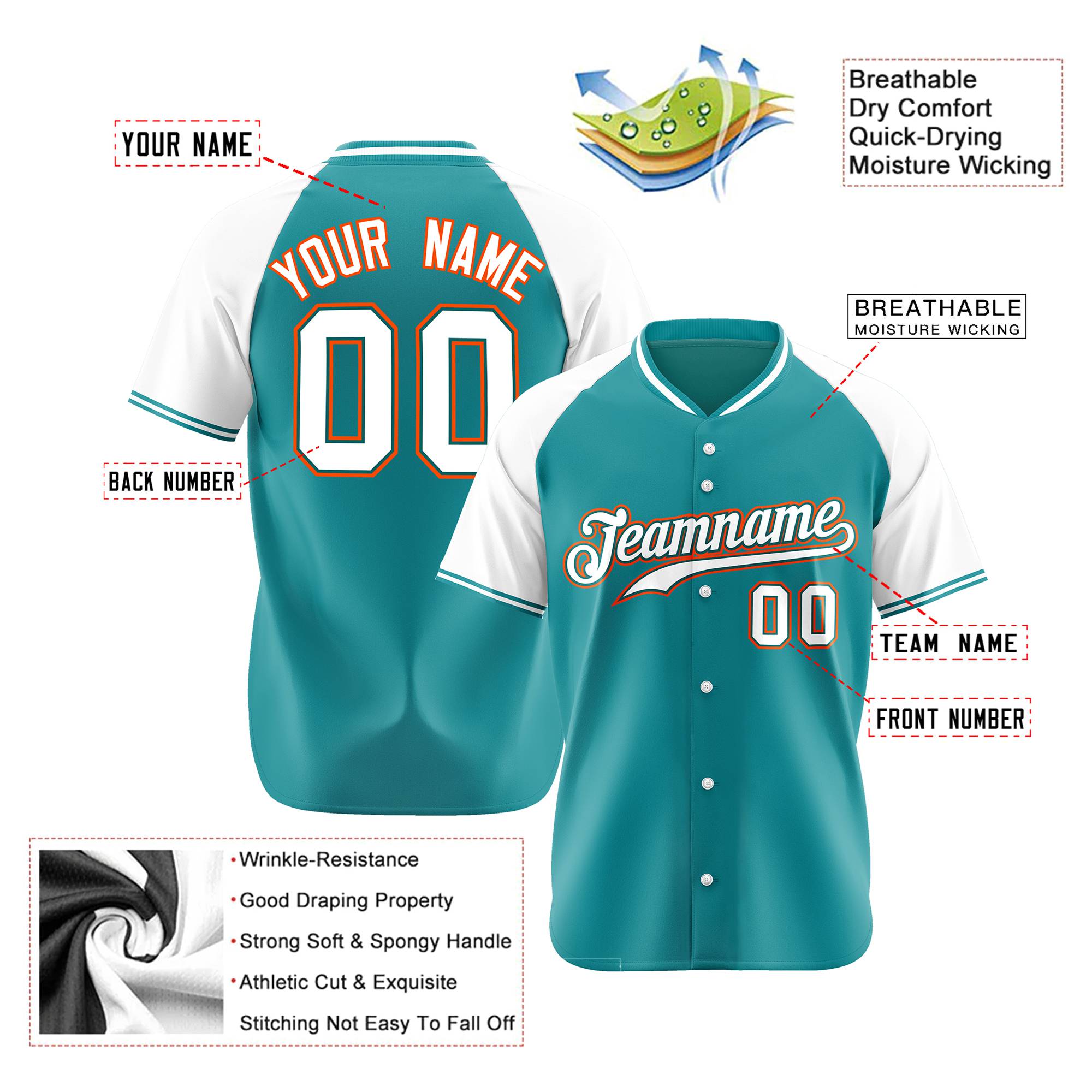 Custom Aqua White Orange Authentic Colored Buttons Baseball Jersey