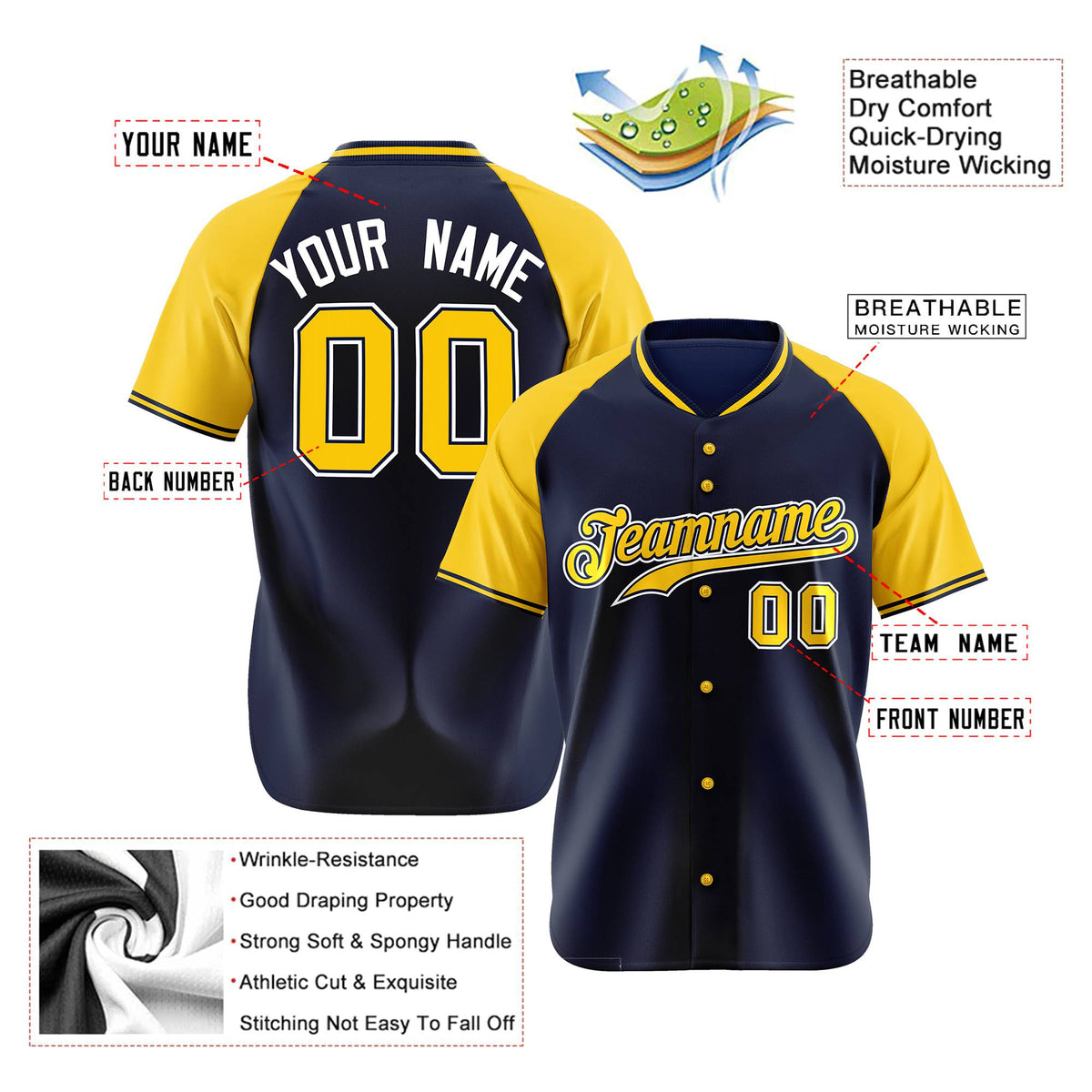Custom Navy Yellow White Authentic Colored Buttons Baseball Jersey