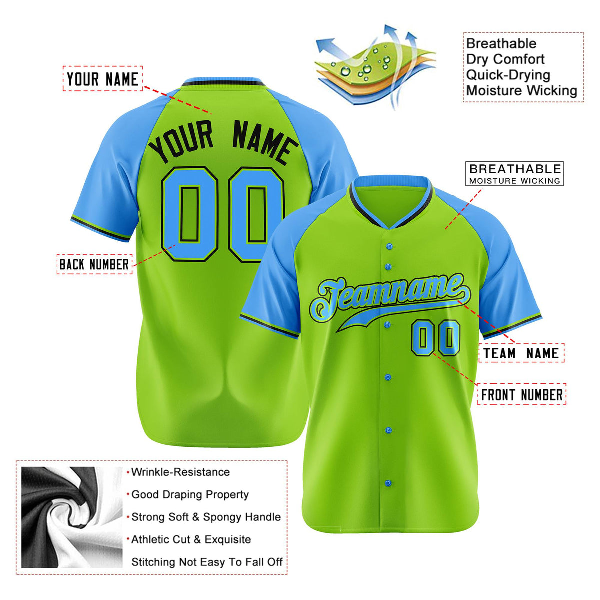 Custom Neon Green Blue Black Authentic Colored Buttons Baseball Jersey