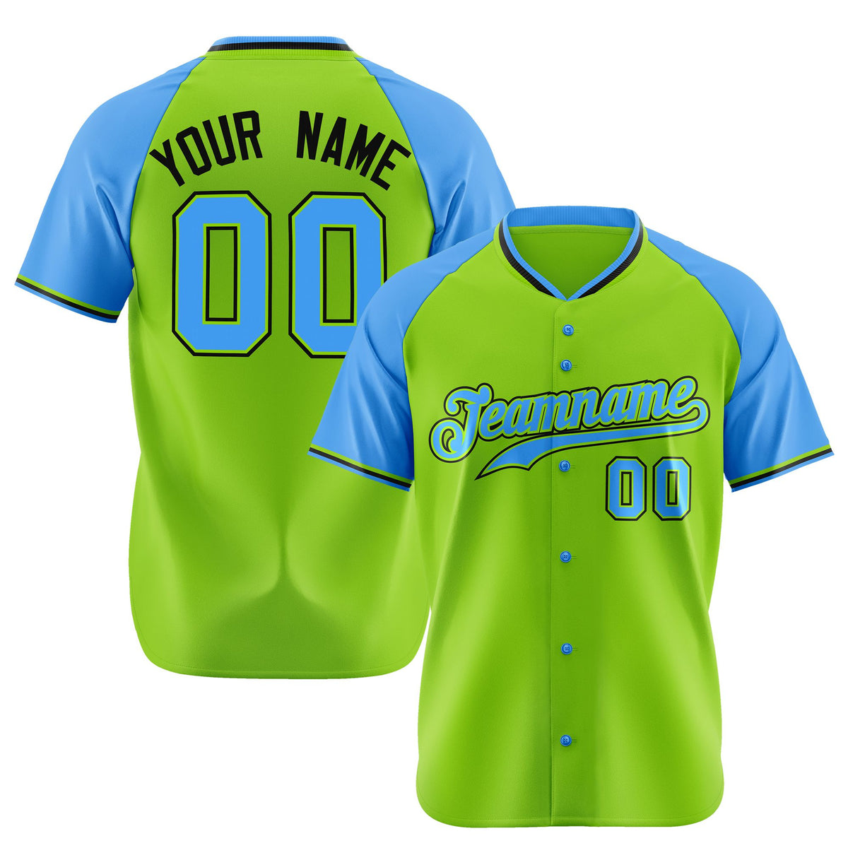 Custom Neon Green Blue Black Authentic Colored Buttons Baseball Jersey