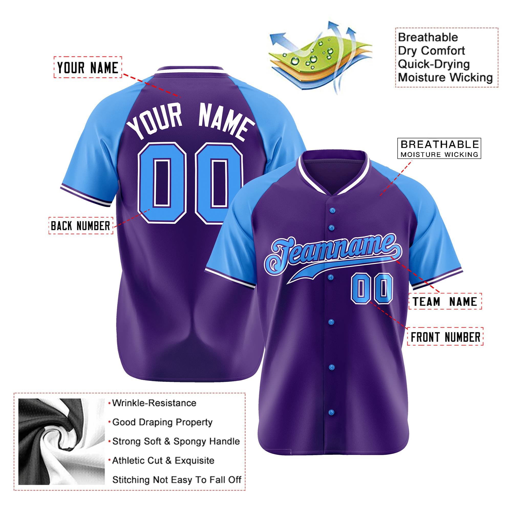 Custom Purple Blue White Authentic Colored Buttons Baseball Jersey