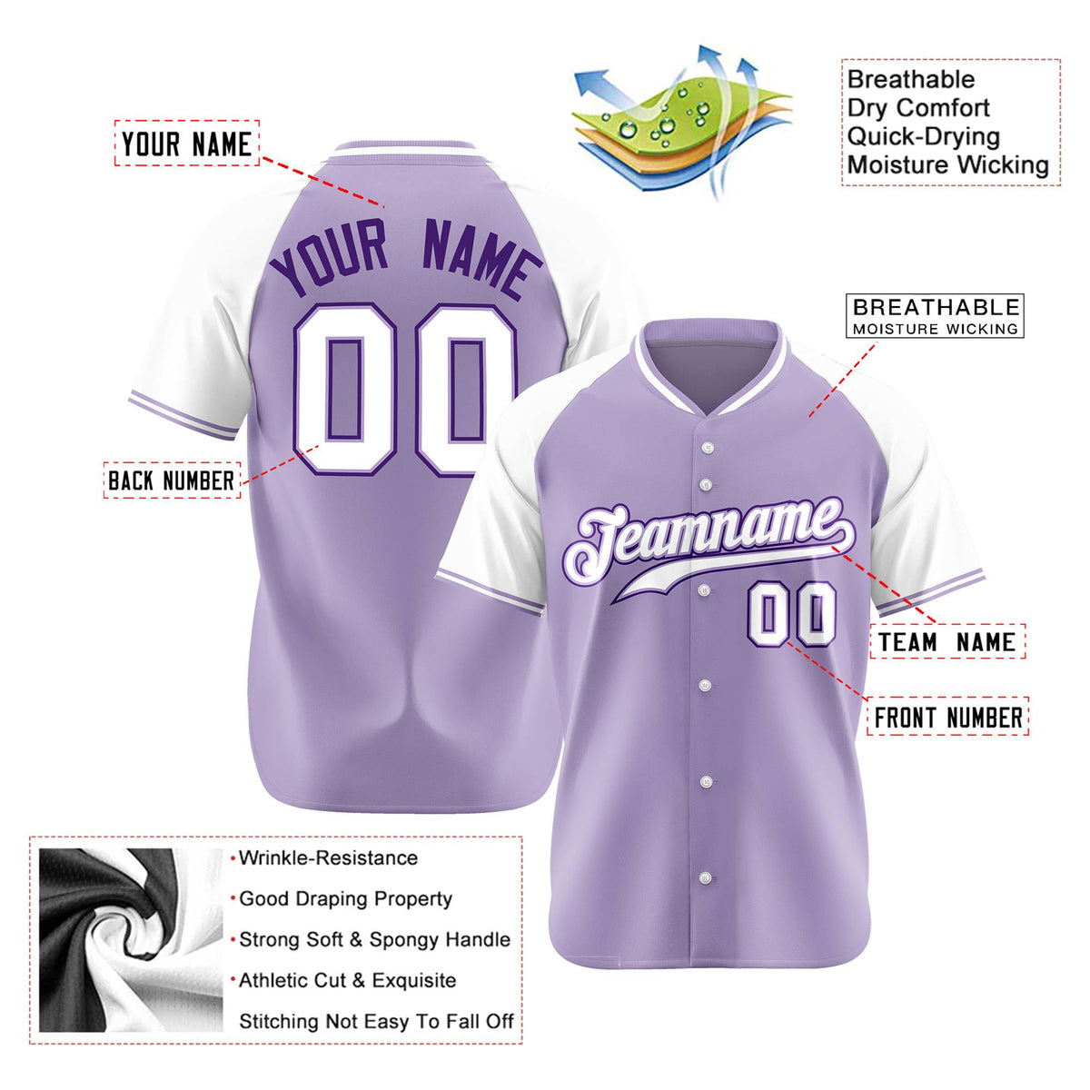 Custom Light Purple Purple White Authentic Colored Buttons Baseball Jersey