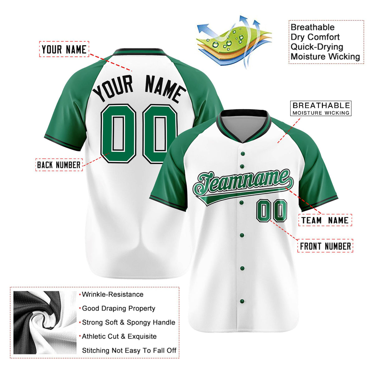 Custom White Kelly Green Black Authentic Colored Buttons Baseball Jersey