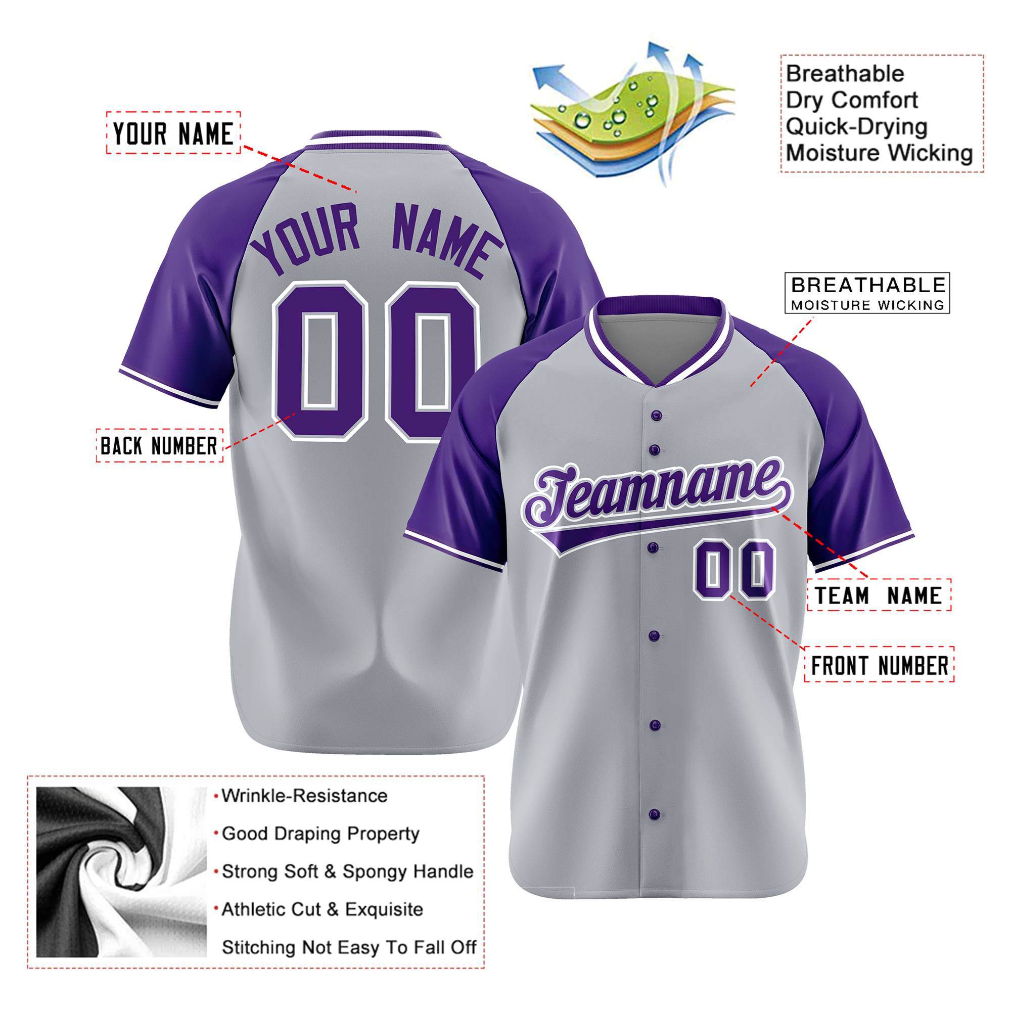 Custom Gray Purple White Authentic Colored Buttons Baseball Jersey