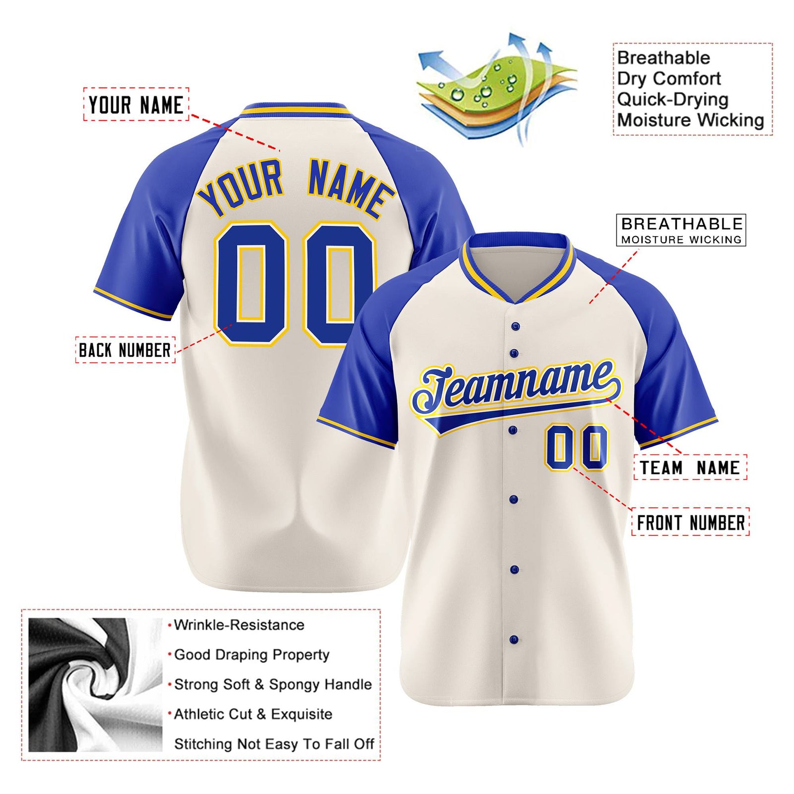 Custom Cream Blue Gold Authentic Colored Buttons Baseball Jersey