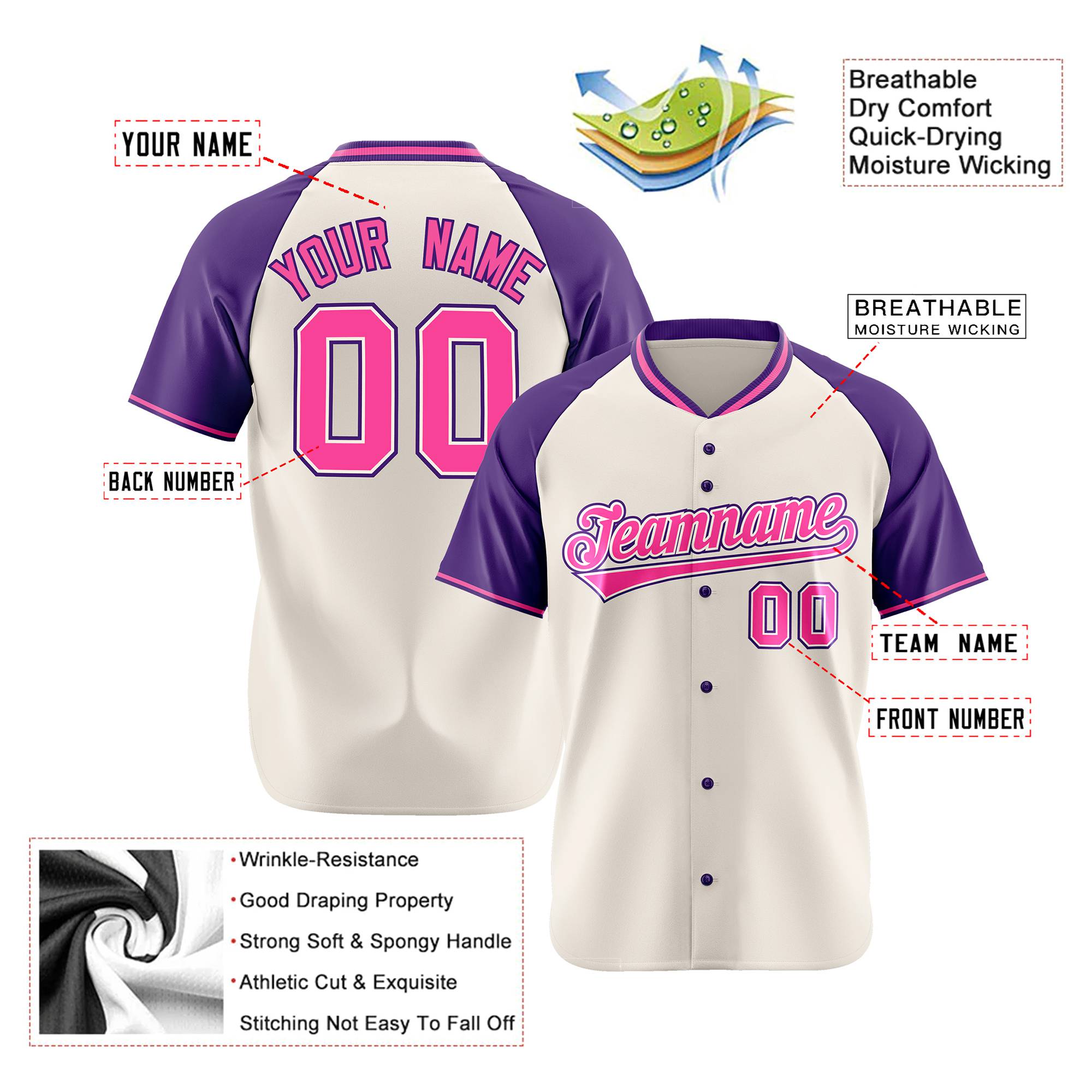 Custom Cream Purple Pink Authentic Colored Buttons Baseball Jersey