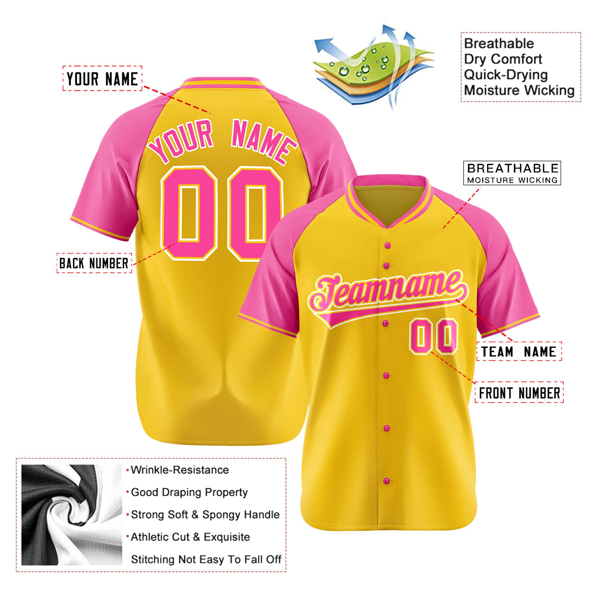 Custom Yellow Pink White Authentic Colored Buttons Baseball Jersey