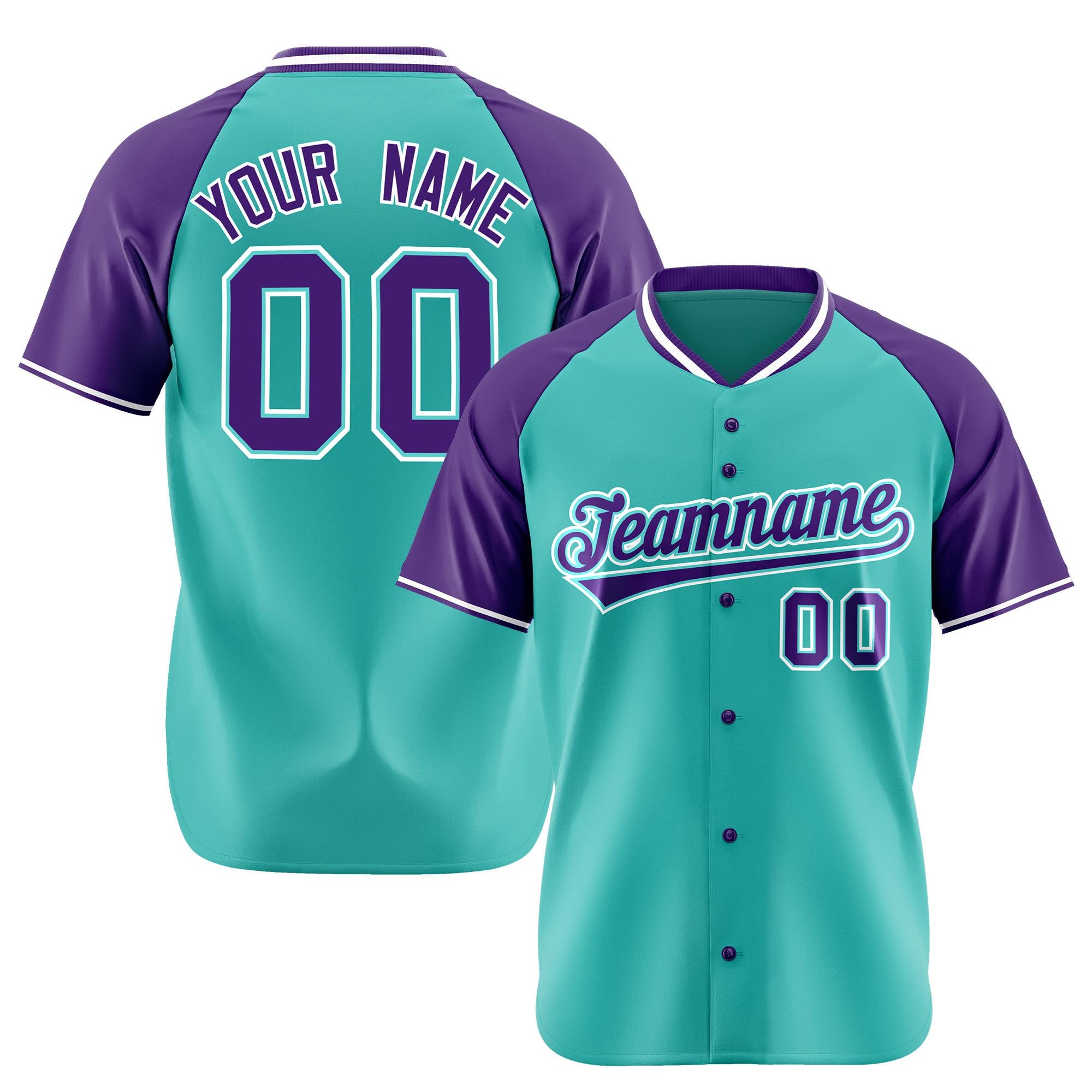 Custom Aqua Purple White Authentic Colored Buttons Baseball Jersey