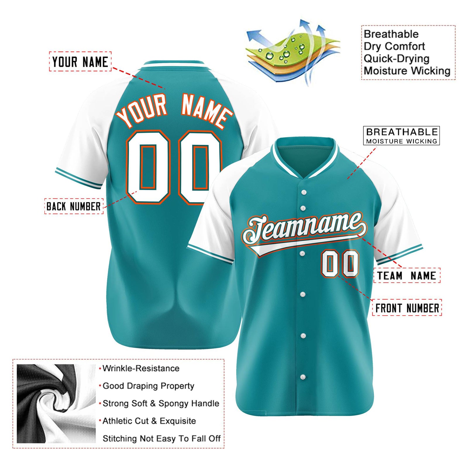 Custom Aqua White Orange Authentic Colored Buttons Baseball Jersey