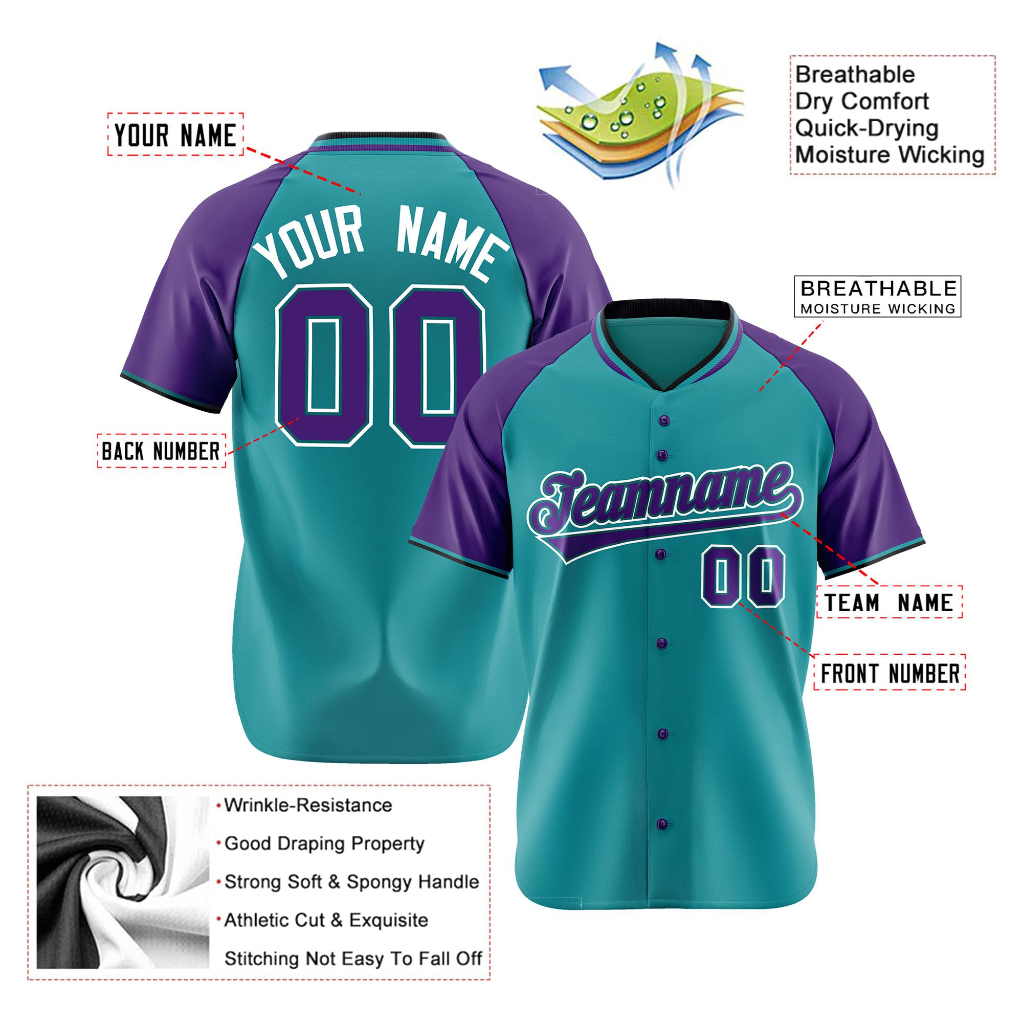 Custom Aqua Purple White Authentic Colored Buttons Baseball Jersey