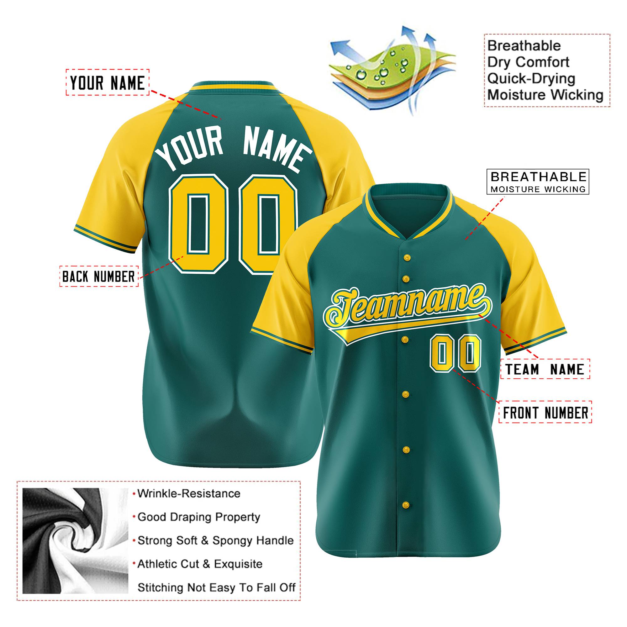 Custom Kelly Green Yellow White Authentic Colored Buttons Baseball Jersey