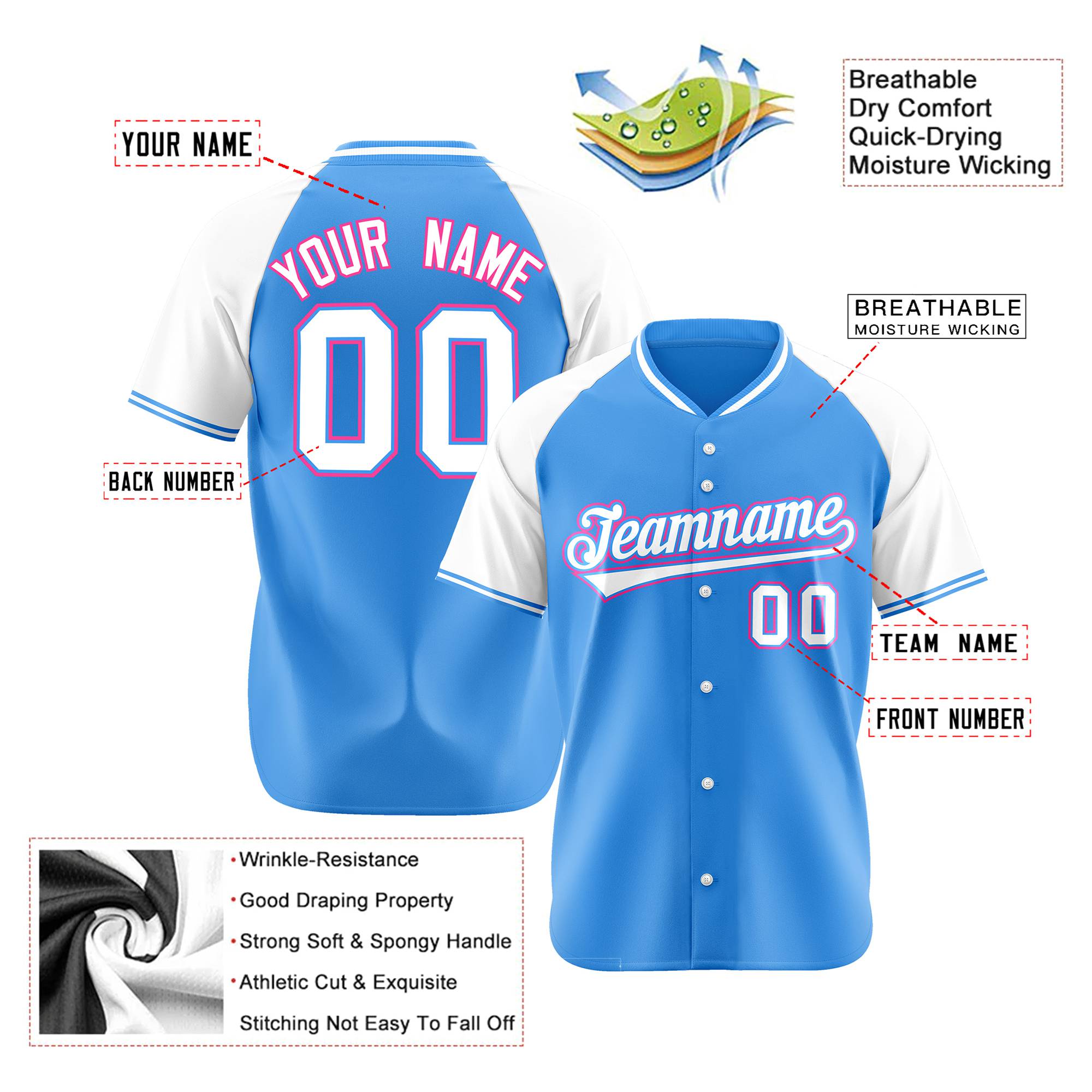 Custom Blue White Pink Authentic Colored Buttons Baseball Jersey