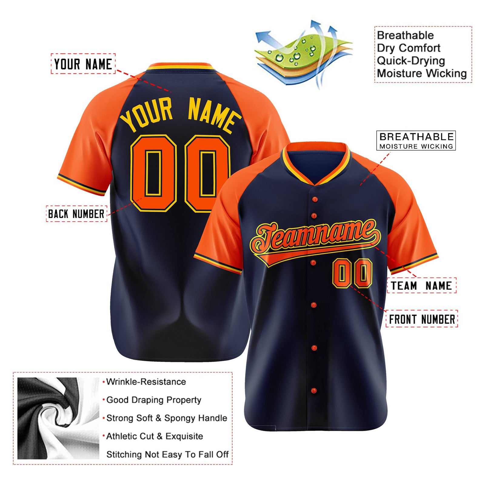 Custom Navy Orange Yellow Authentic Colored Buttons Baseball Jersey