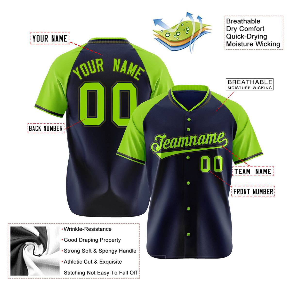 Custom Navy Neon Green Olive Authentic Colored Buttons Baseball Jersey