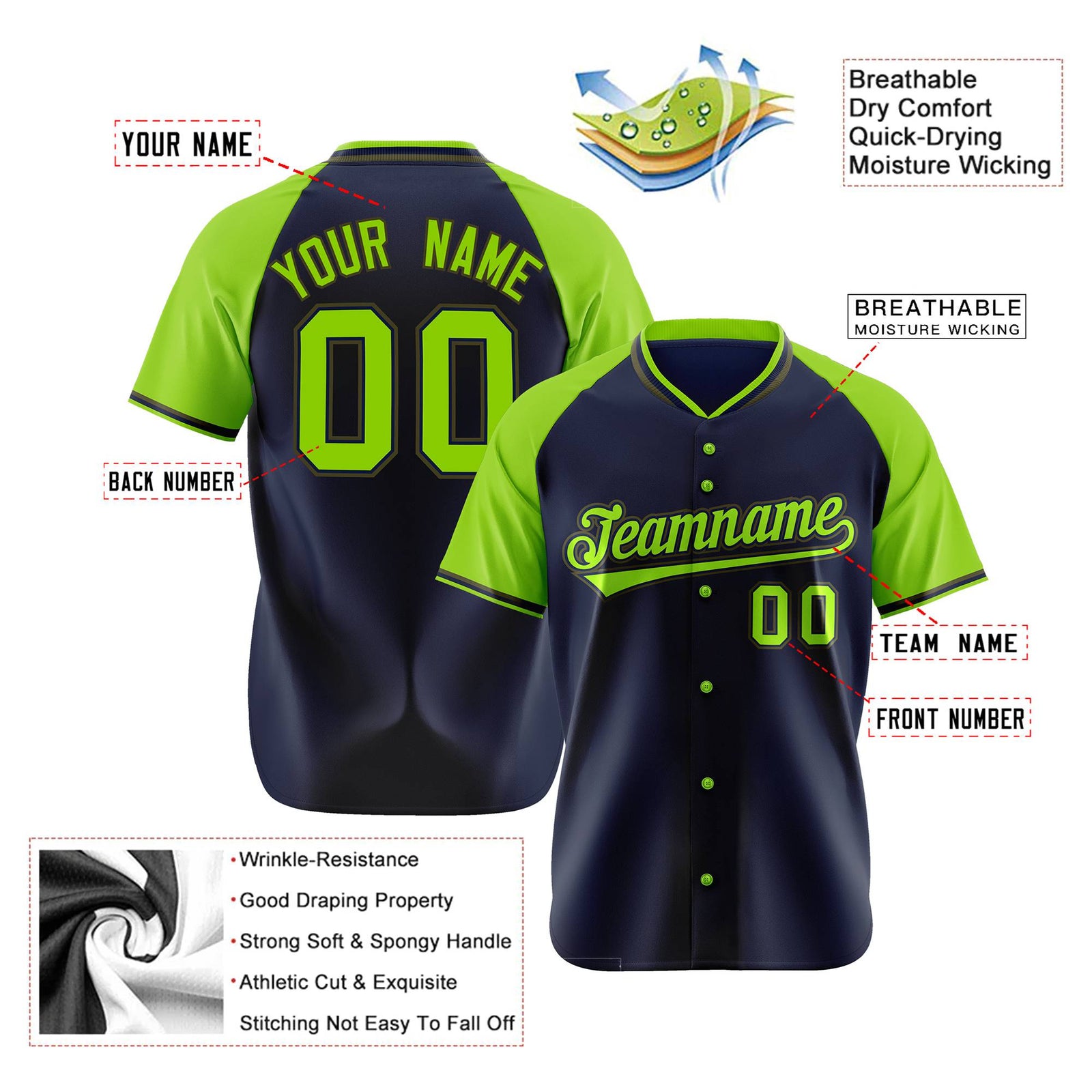 Custom Navy Neon Green Olive Authentic Colored Buttons Baseball Jersey