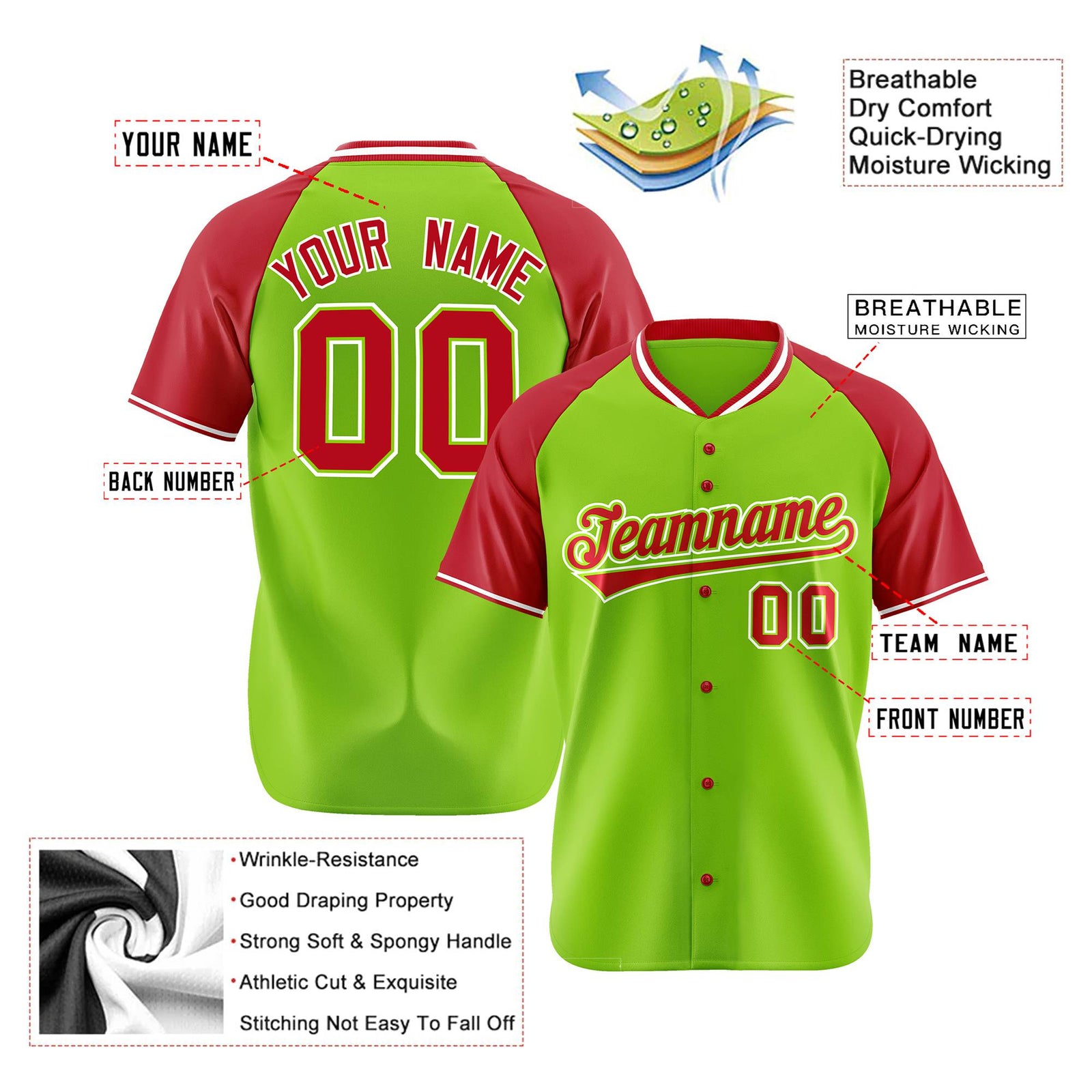 Custom Neon Green Red White Authentic Colored Buttons Baseball Jersey