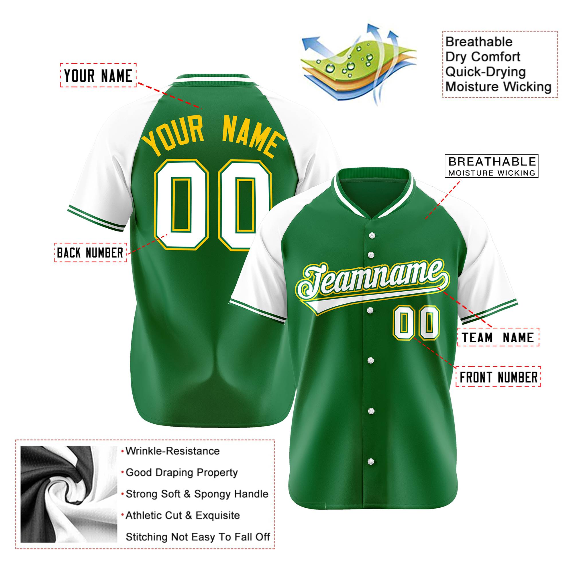 Custom Kelly Green White Yellow Authentic Colored Buttons Baseball Jersey