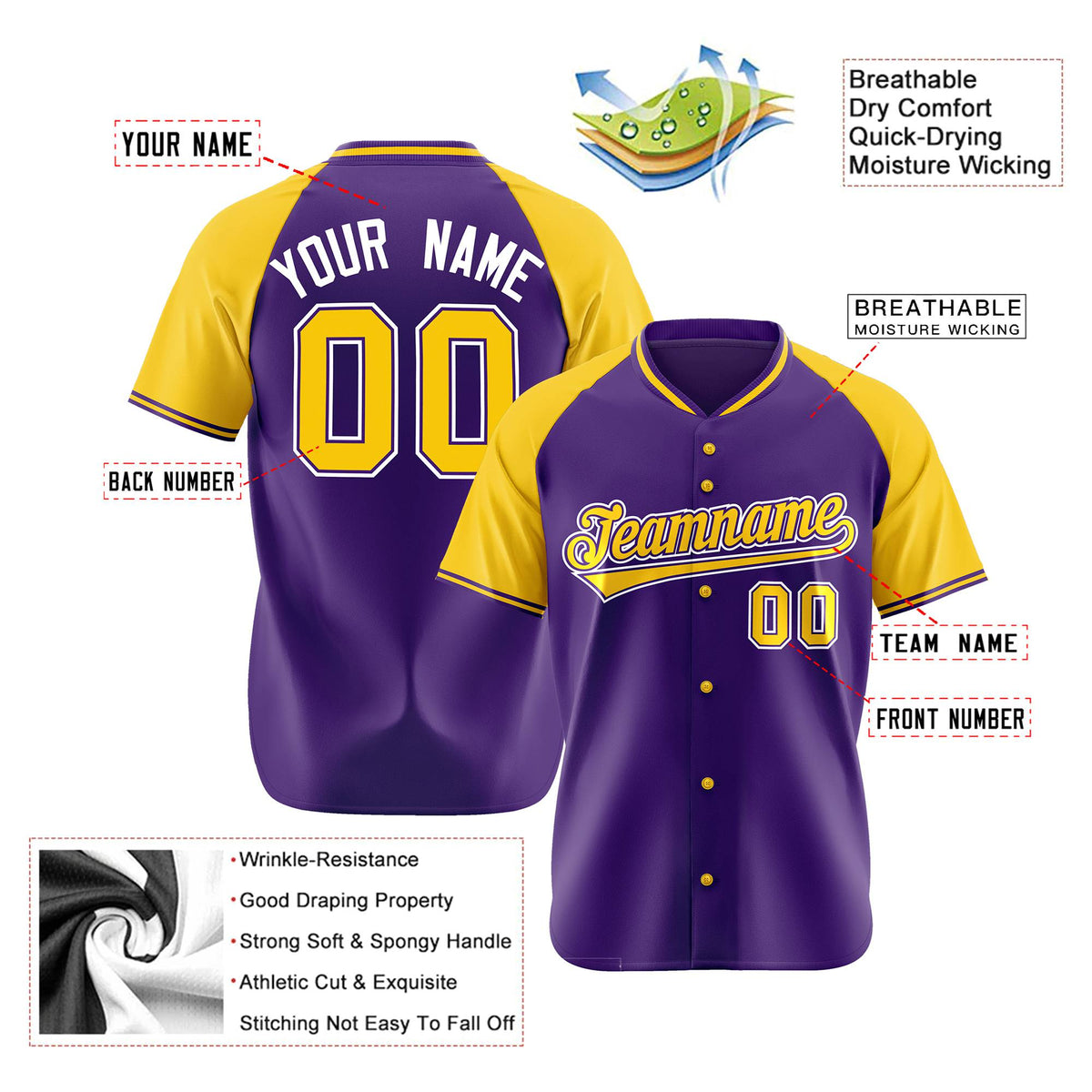 Custom Purple Yellow White Authentic Colored Buttons Baseball Jersey