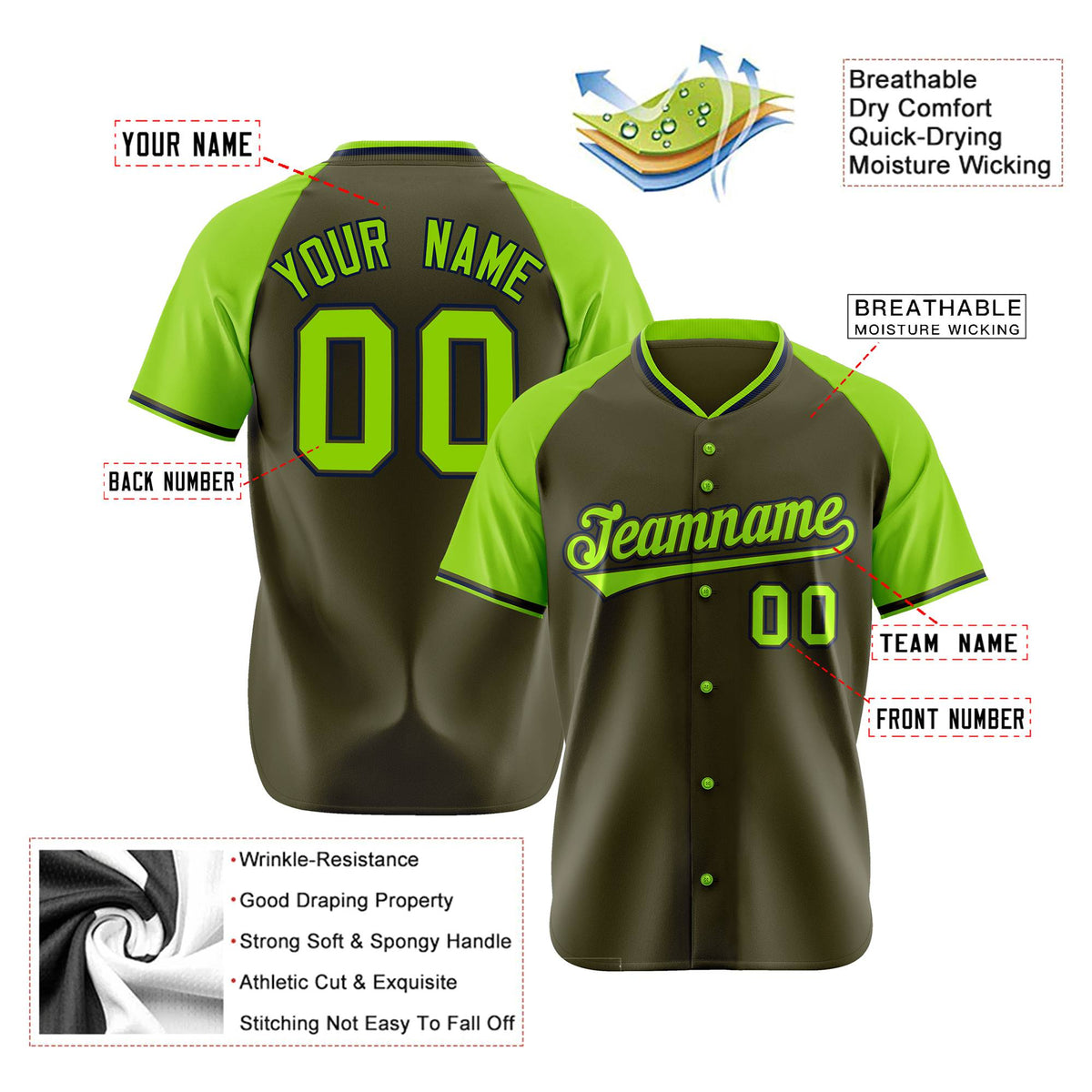 Custom Olive Neon Green Black Authentic Colored Buttons Baseball Jersey