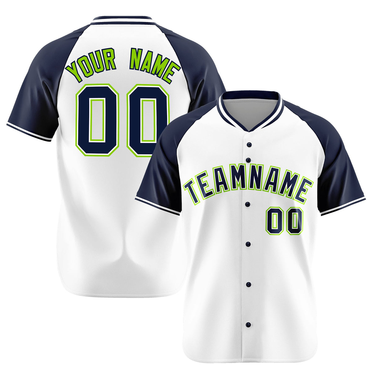 Custom White Navy Neon Green Authentic Colored Buttons Baseball Jersey