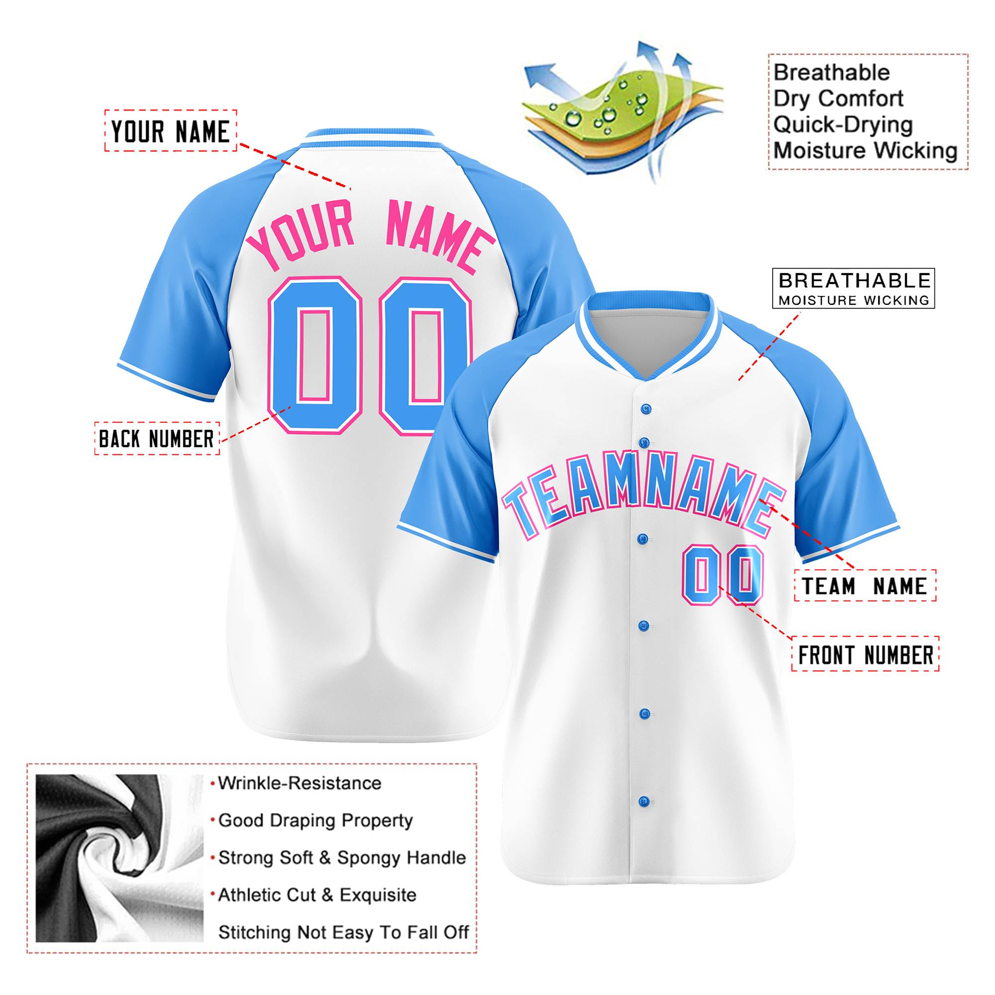 Custom White Blue Pink Authentic Colored Buttons Baseball Jersey