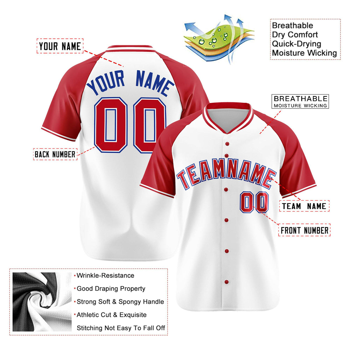 Custom White Red Blue Authentic Colored Buttons Baseball Jersey