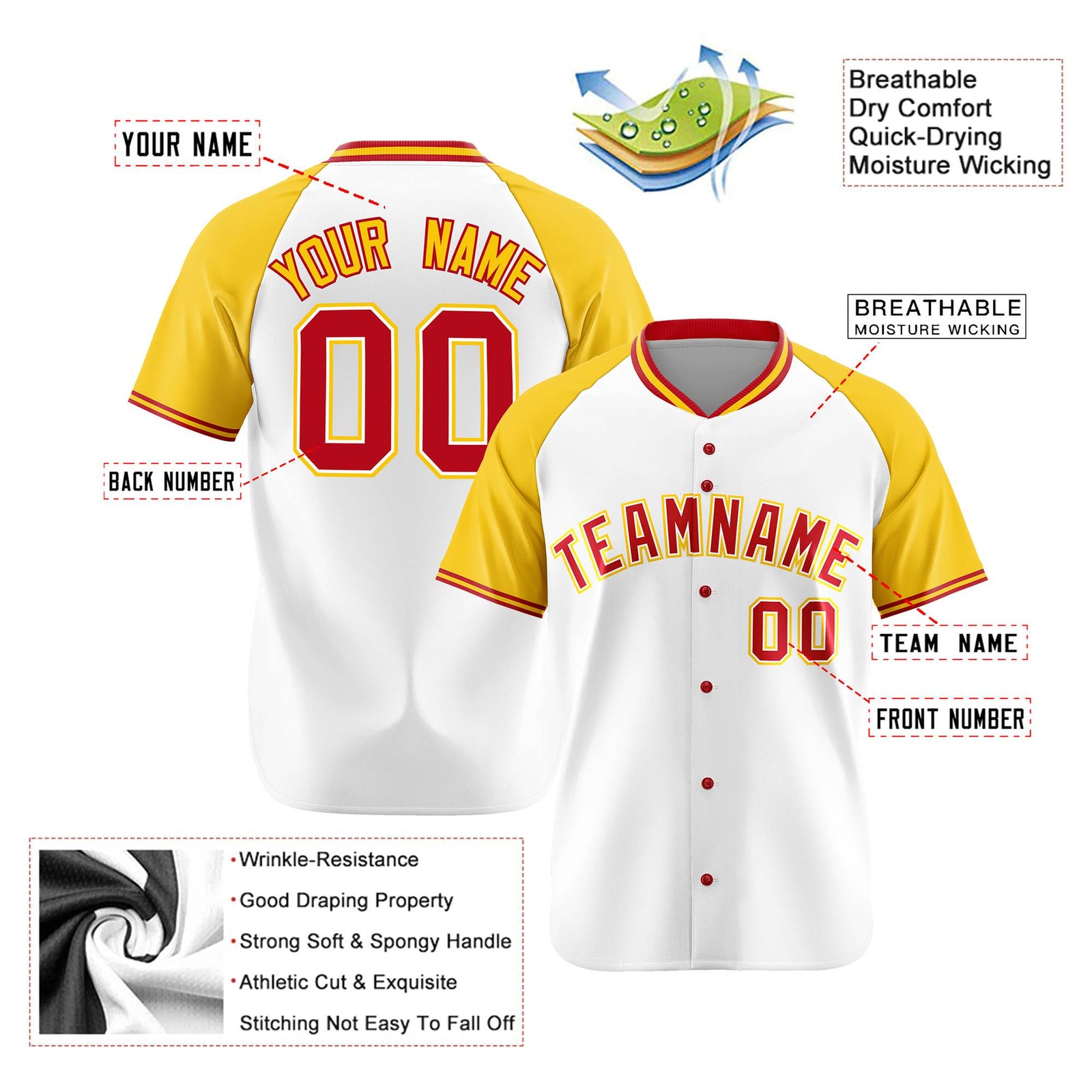 Custom White Yellow Red Authentic Colored Buttons Baseball Jersey