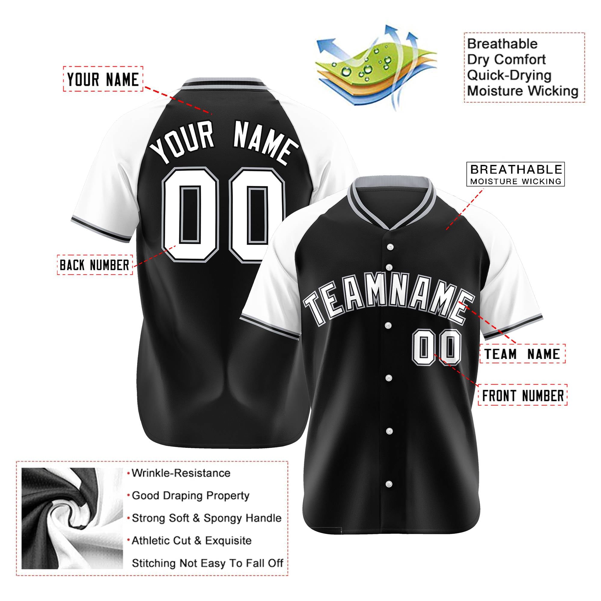 Custom Black White Authentic Colored Buttons Baseball Jersey