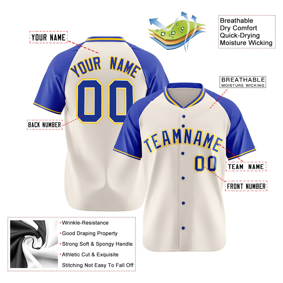 Custom Cream Blue Gold Authentic Colored Buttons Baseball Jersey