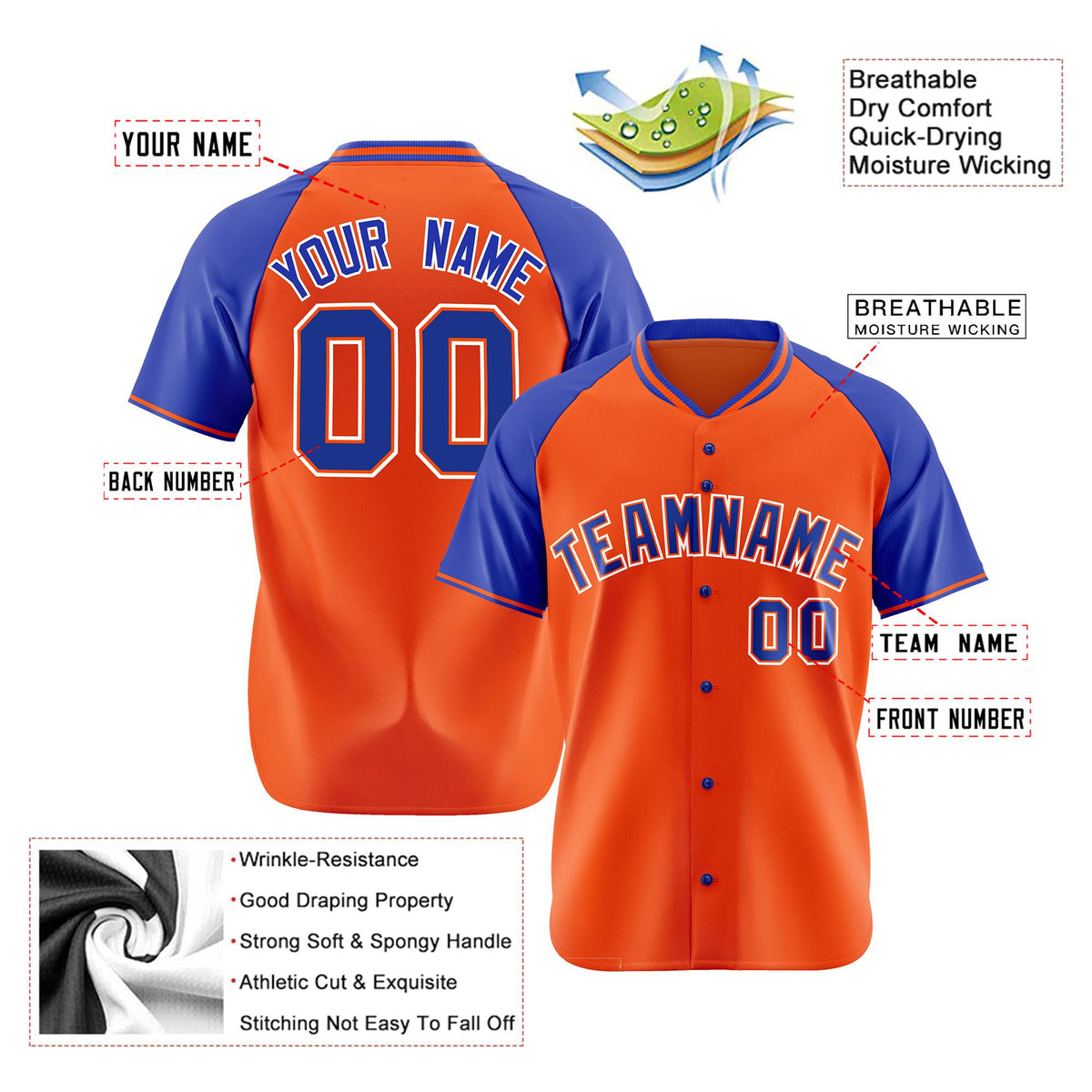 Custom Orange Blue White Authentic Colored Buttons Baseball Jersey