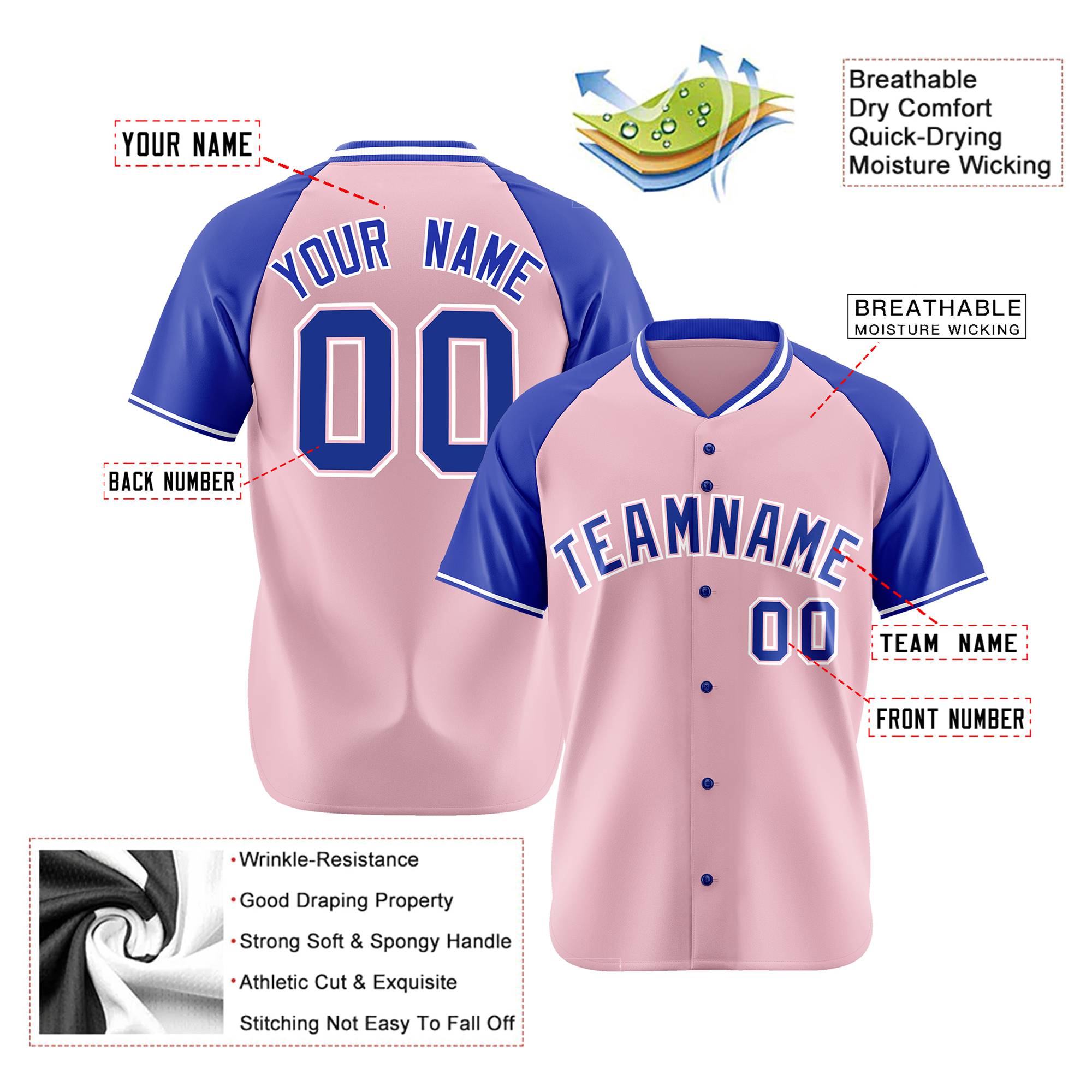 Custom Pink Blue White Authentic Colored Buttons Baseball Jersey