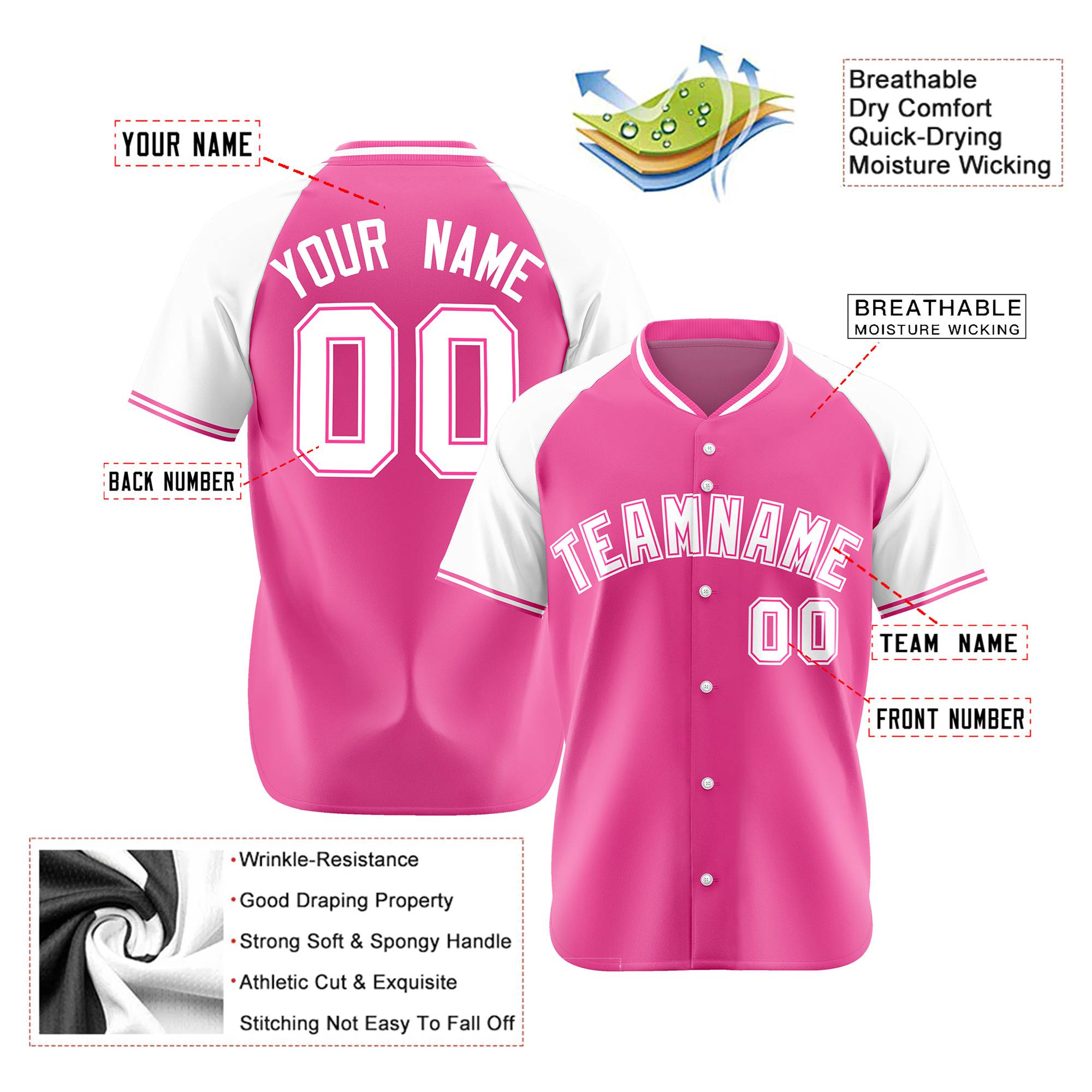 Custom Pink White Authentic Colored Buttons Baseball Jersey