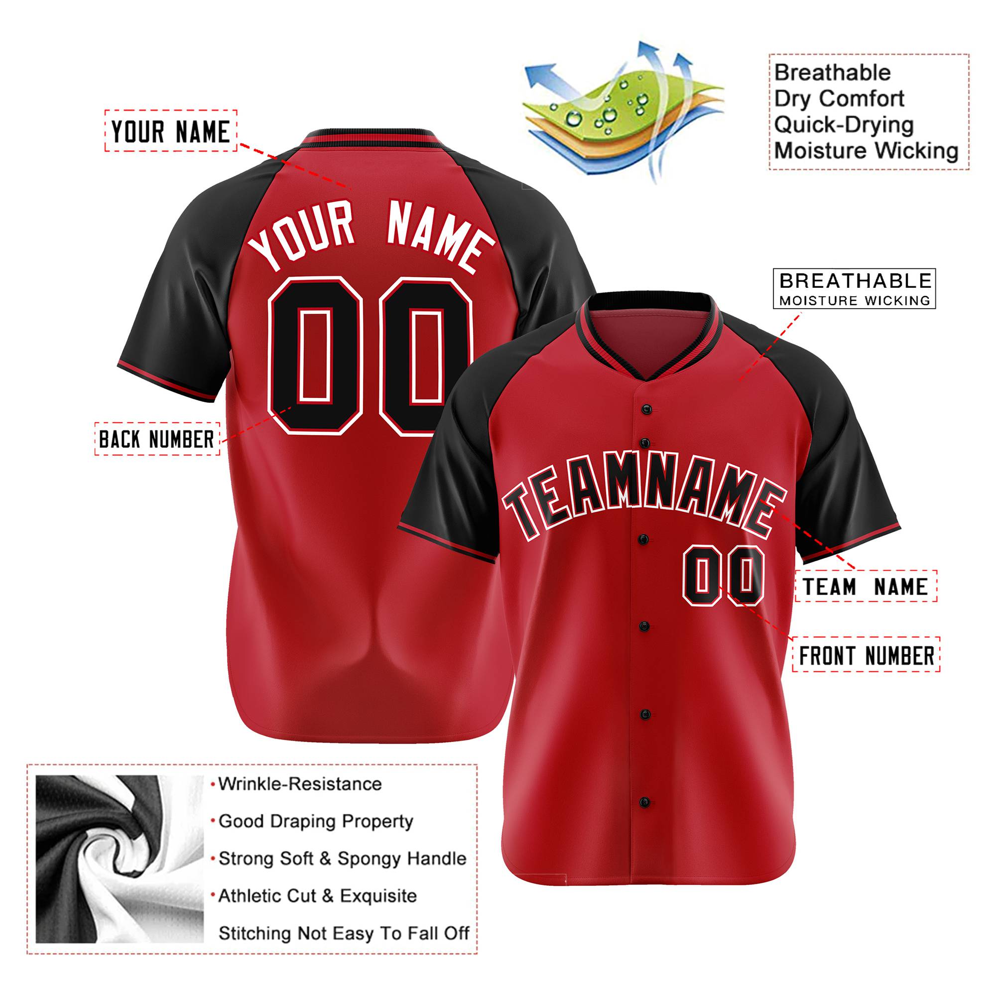 Custom Red Black White Authentic Colored Buttons Baseball Jersey