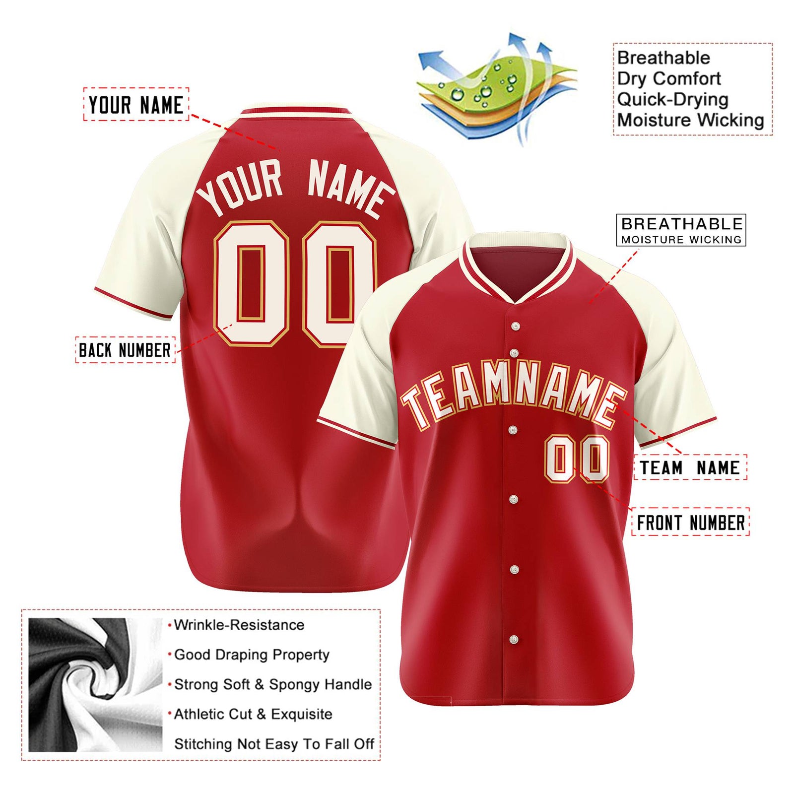 Custom Red Cream Authentic Colored Buttons Baseball Jersey