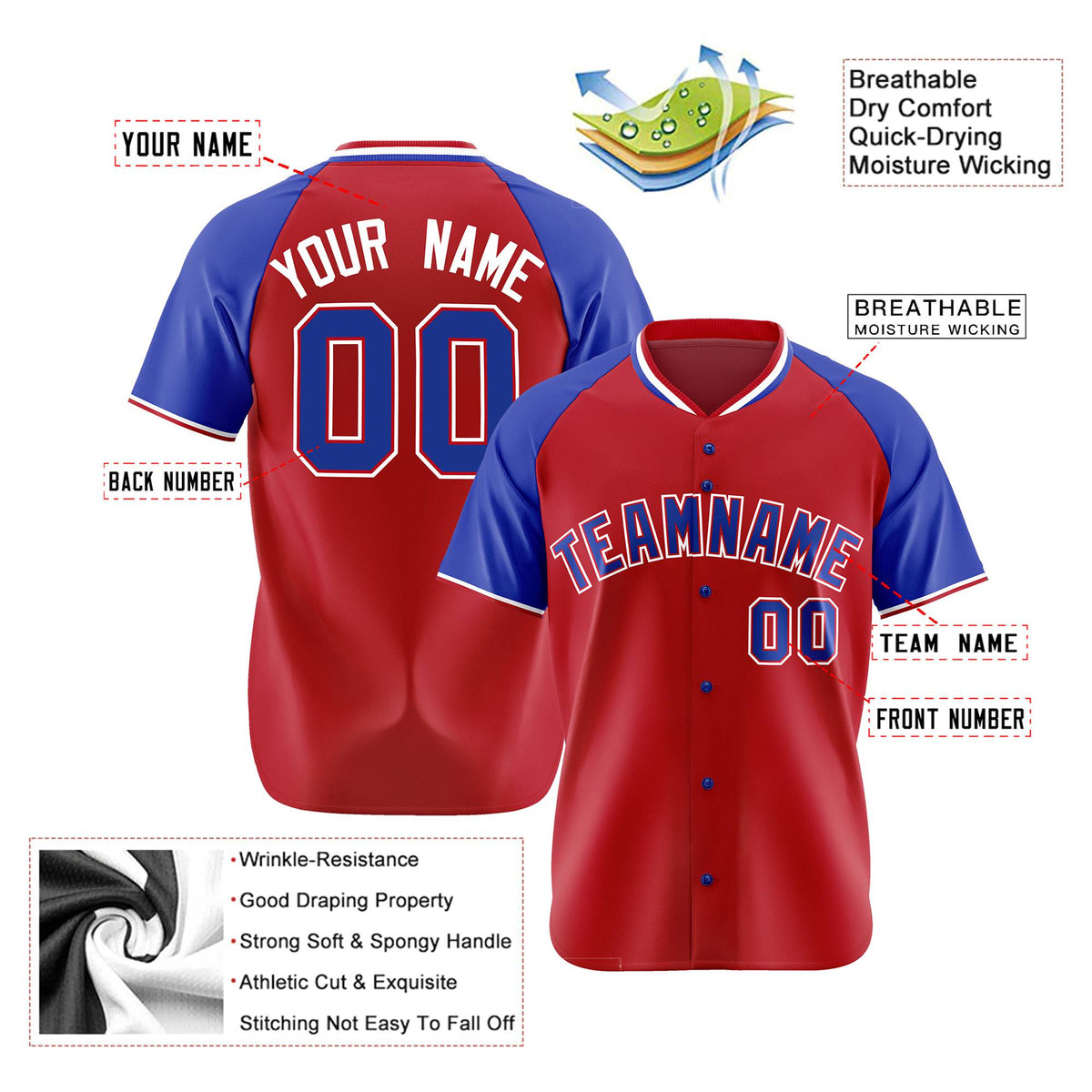 Custom Red Blue White Authentic Colored Buttons Baseball Jersey