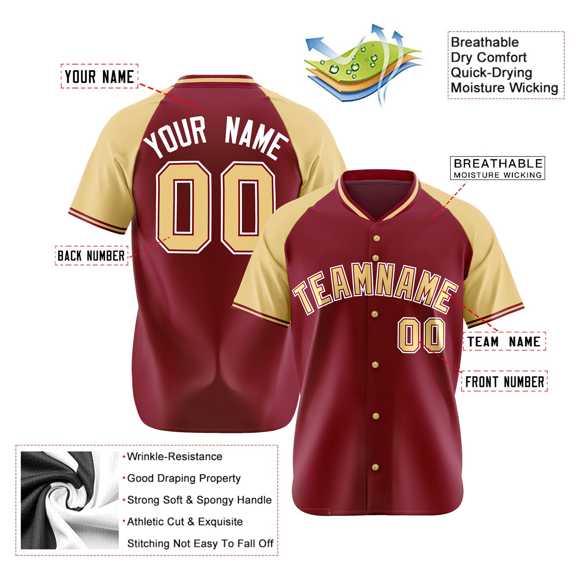 Custom Crimson Old Gold White Authentic Colored Buttons Baseball Jersey