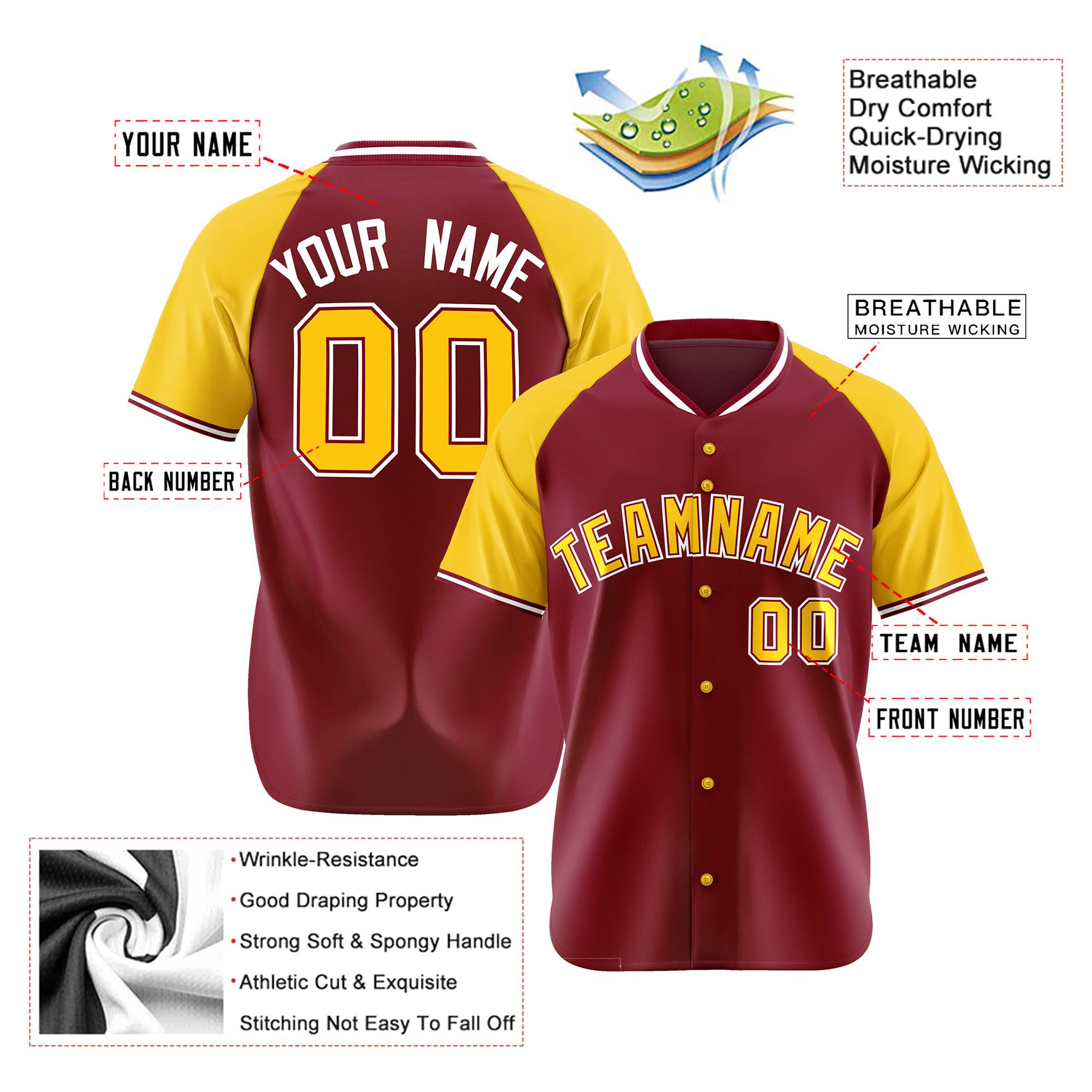 Custom Crimson Yellow White Authentic Colored Buttons Baseball Jersey