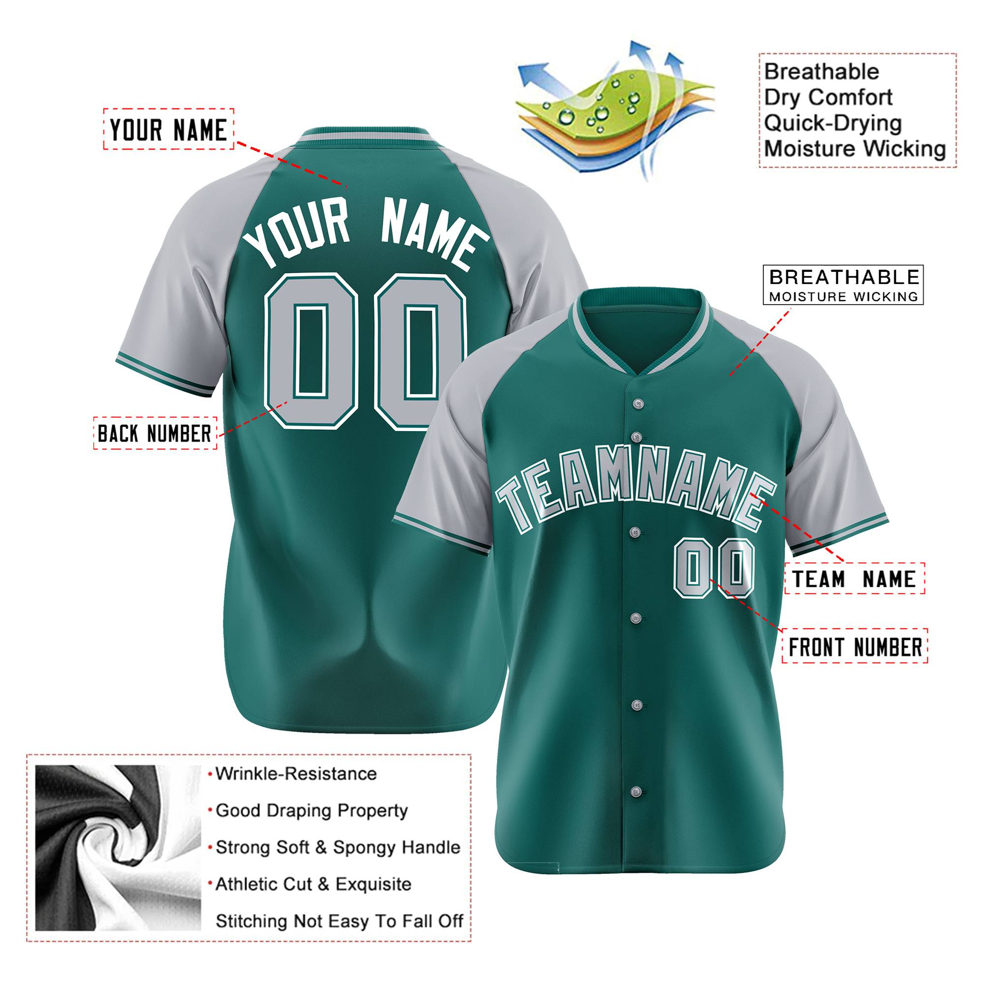 Custom Kelly Green Gray White Authentic Colored Buttons Baseball Jersey