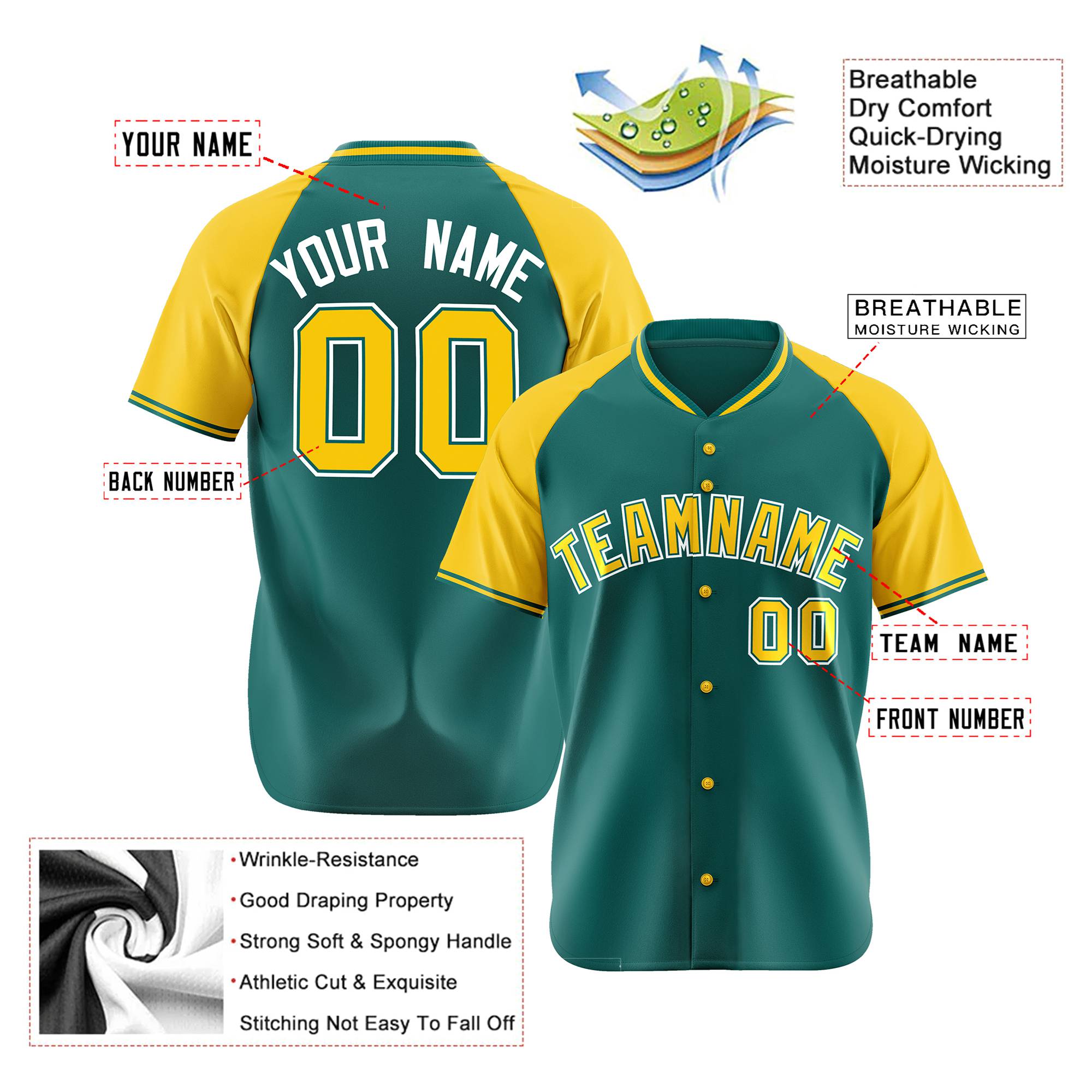 Custom Kelly Green Yellow White Authentic Colored Buttons Baseball Jersey