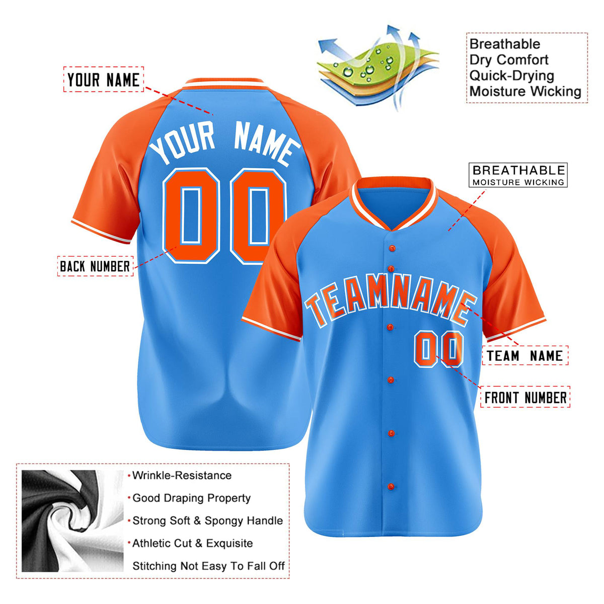Custom Blue Orange White Authentic Colored Buttons Baseball Jersey