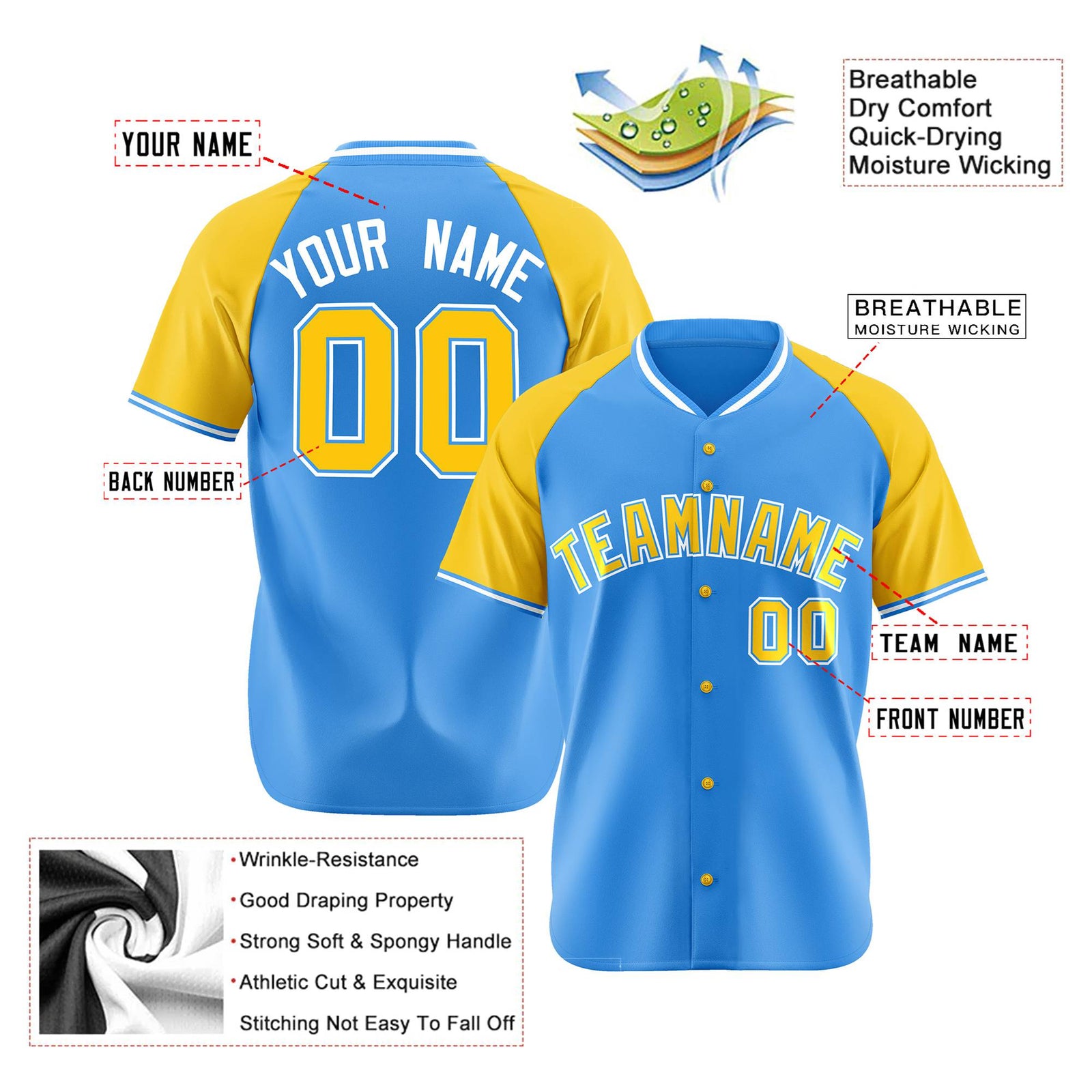 Custom Blue Yellow White Authentic Colored Buttons Baseball Jersey